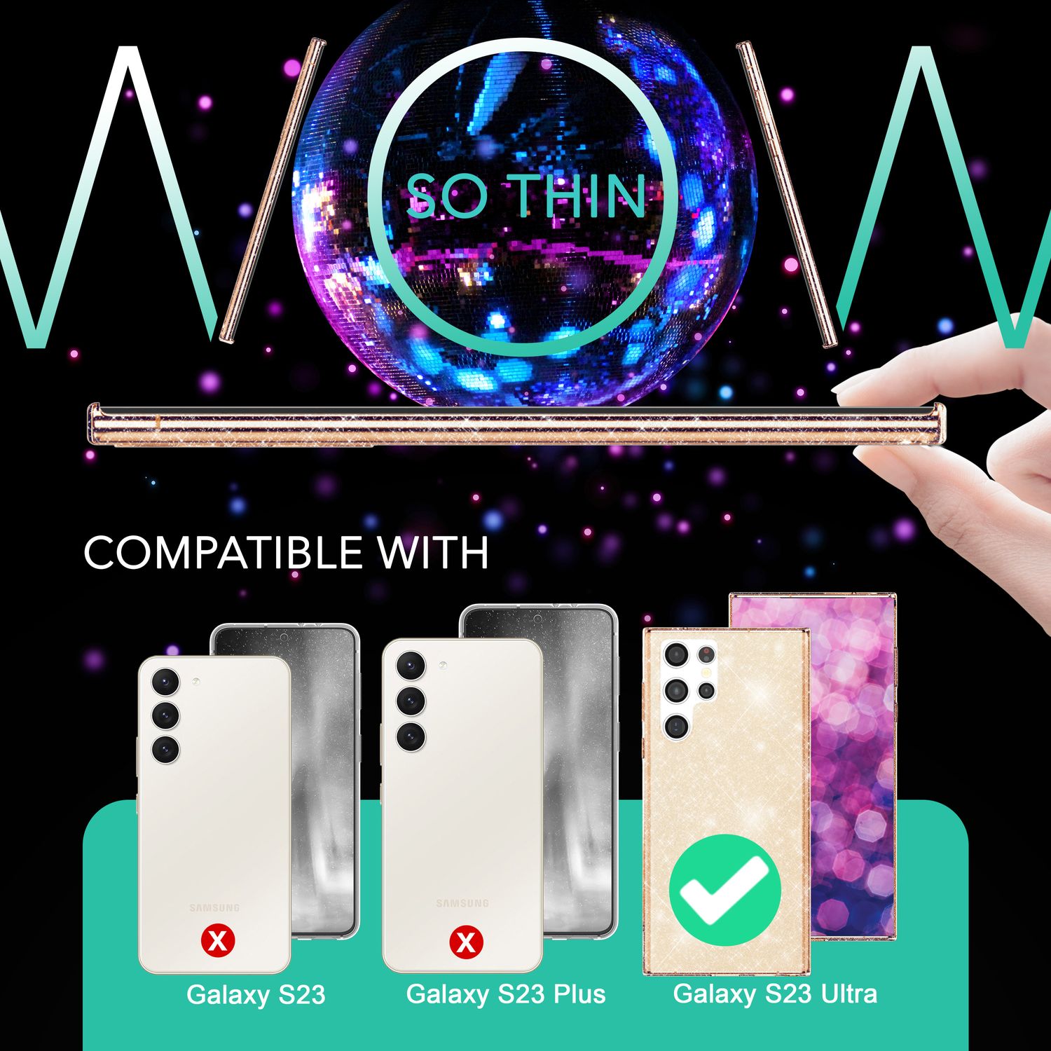 Glitzer Hülle für Samsung Galaxy S23 Ultra, 2x Displayschutz Folie