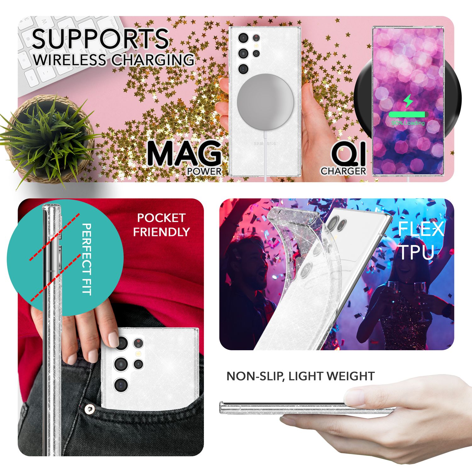 Glitzer Hülle für Samsung Galaxy S23 Ultra, 2x Displayschutz Folie