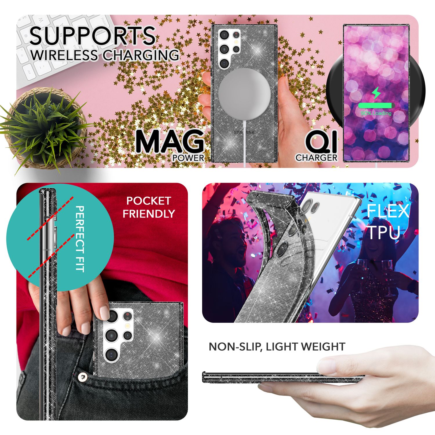 Glitzer Hülle für Samsung Galaxy S23 Ultra, 2x Displayschutz Folie