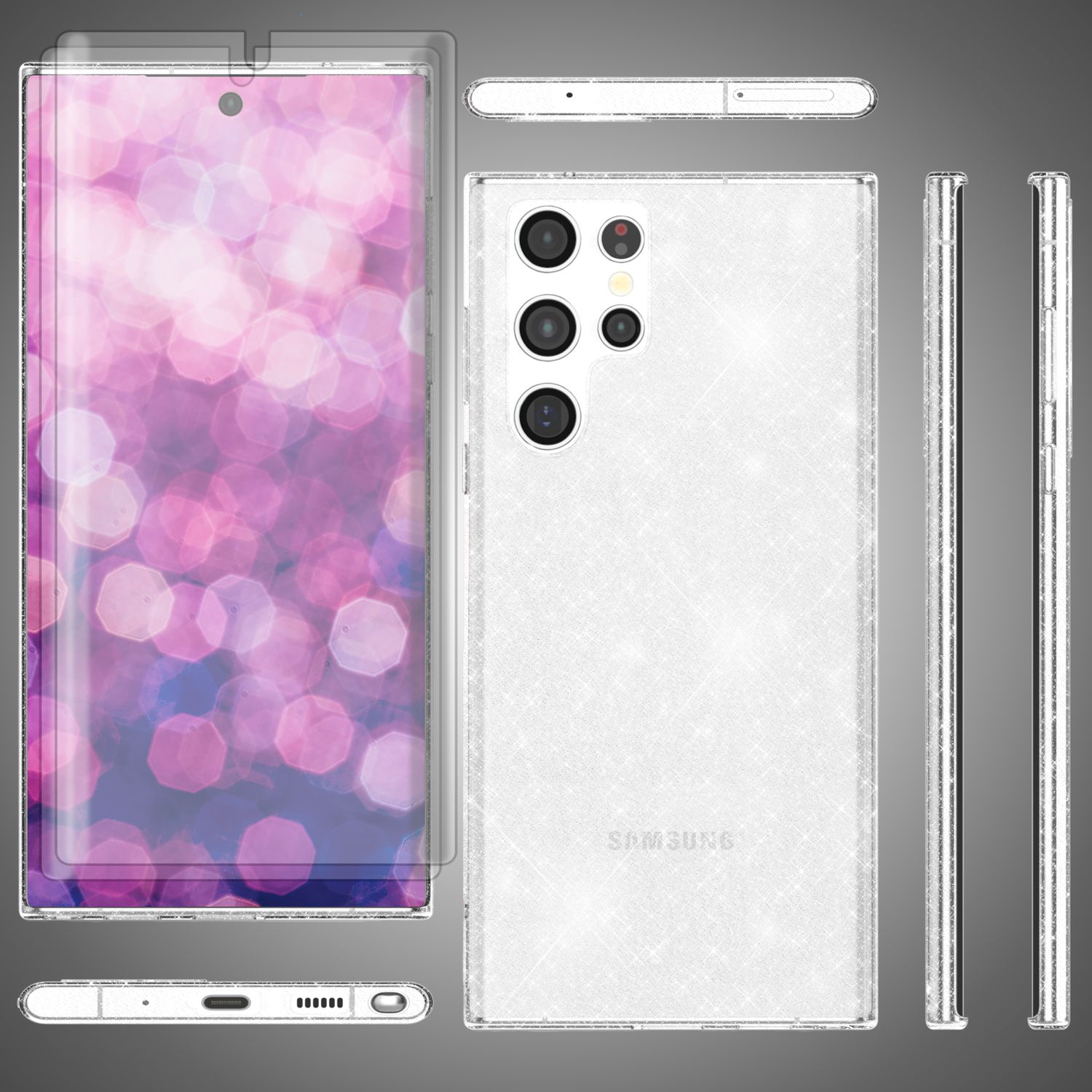 Glitzer Hülle für Samsung Galaxy S23 Ultra, 2x Displayschutz Folie
