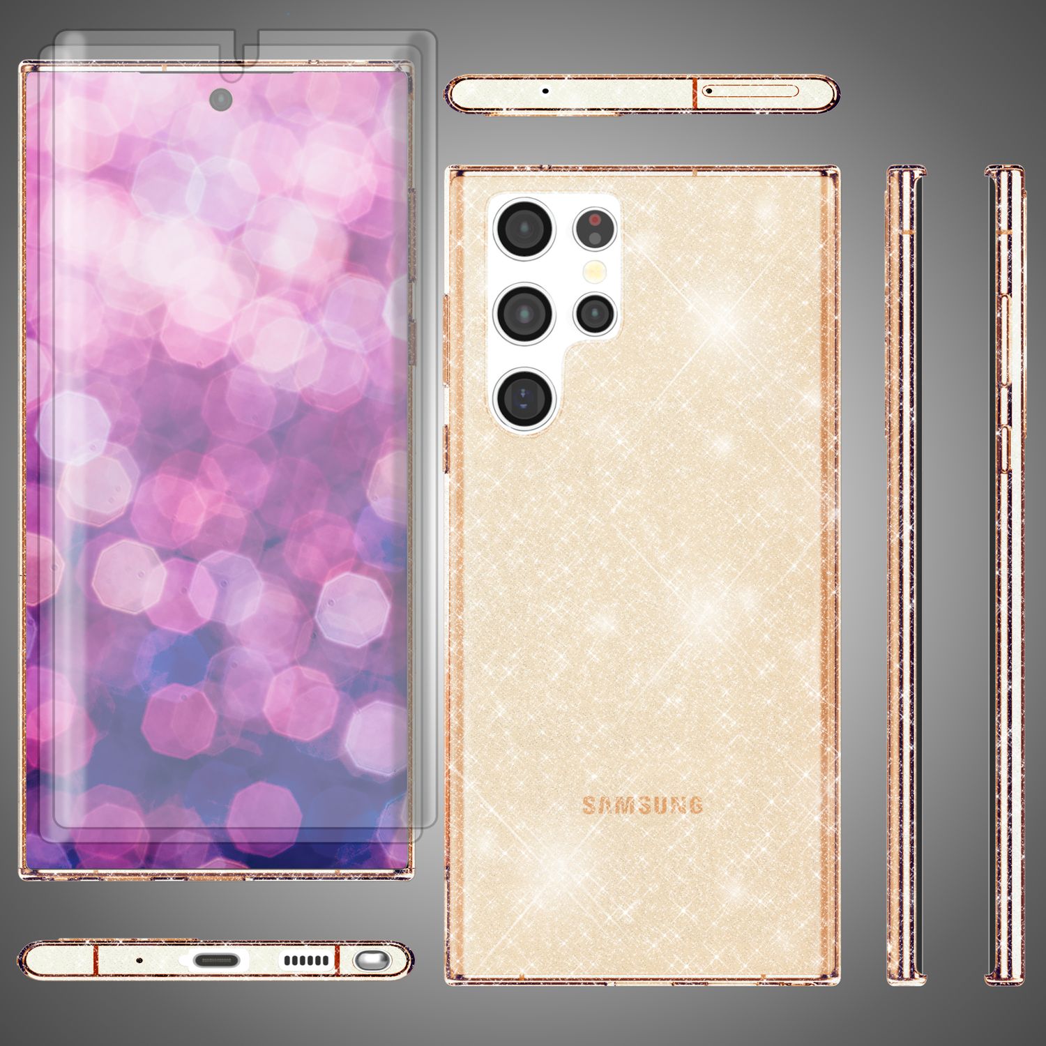 Glitzer Hülle für Samsung Galaxy S23 Ultra, 2x Displayschutz Folie