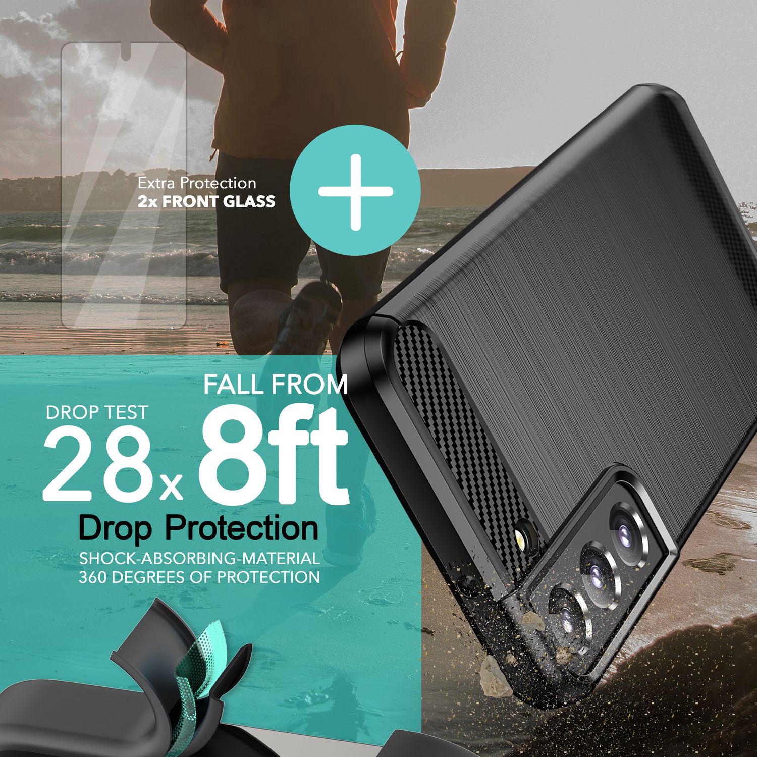 Carbon Look Hülle für Samsung Galaxy S23, 2x Displayschutz Glas, Matt Schwarz