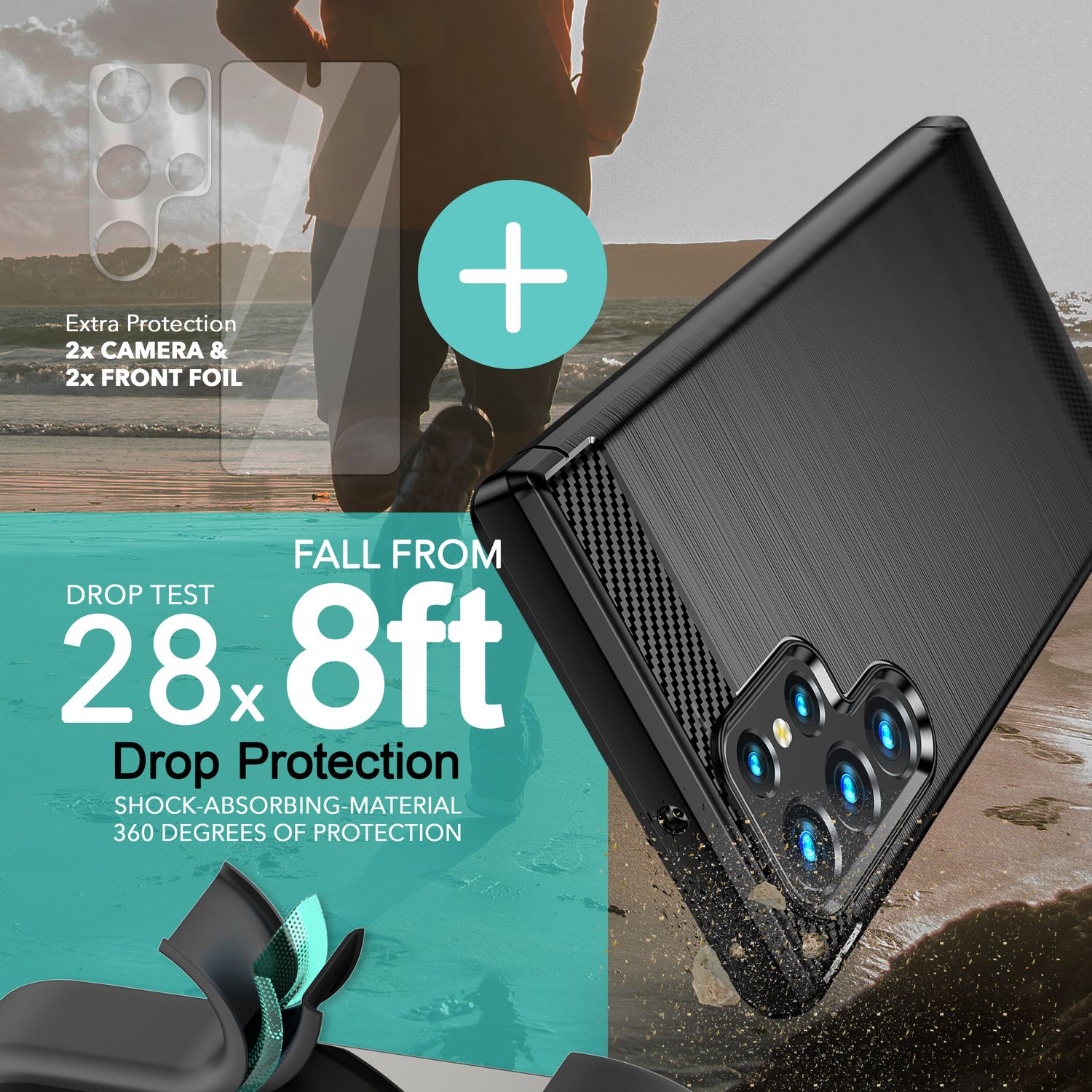 Carbon Look Hülle für Samsung Galaxy S23 Ultra, 2x Displayschutz & Kameraschutz