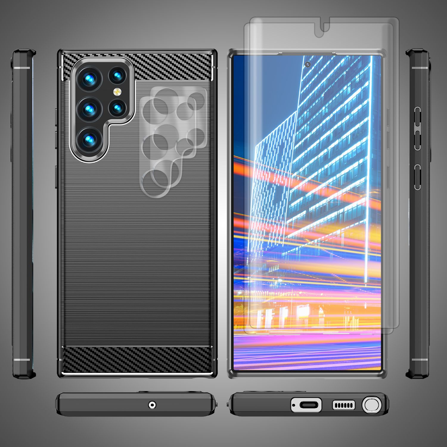 Carbon Look Hülle für Samsung Galaxy S23 Ultra, 2x Displayschutz & Kameraschutz