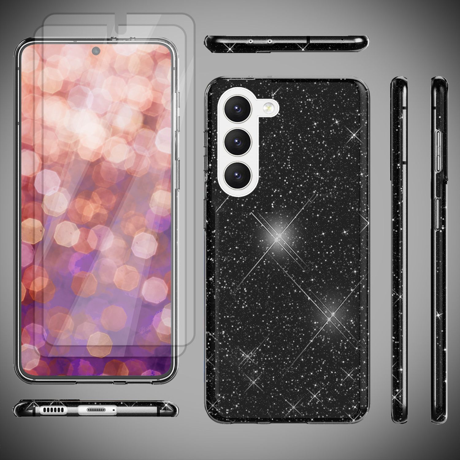 Glitzer Hybrid Silikon Hülle für Samsung Galaxy S23, 2x Displayschutz