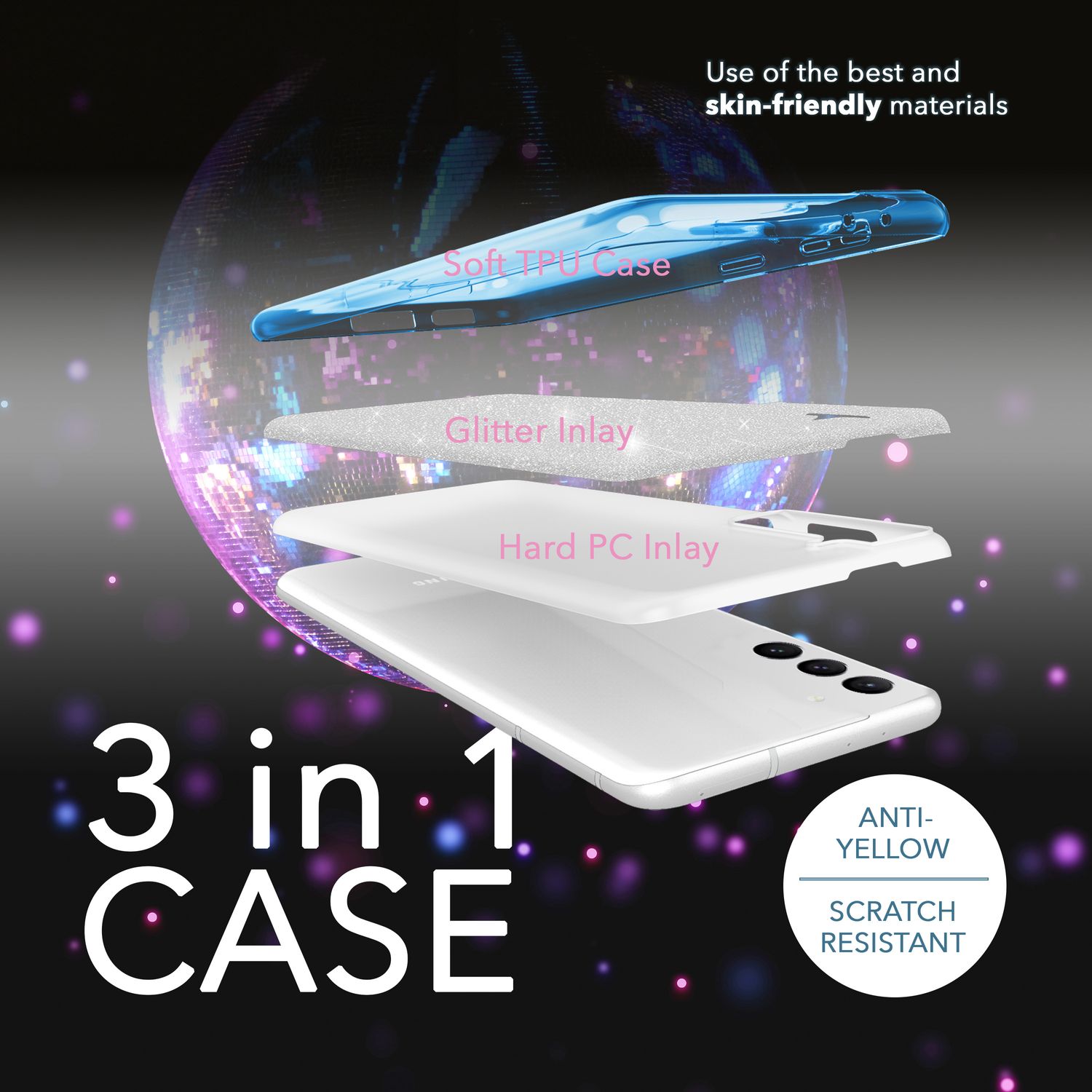 Glitzer Hybrid Silikon Hülle für Samsung Galaxy S23, 2x Displayschutz