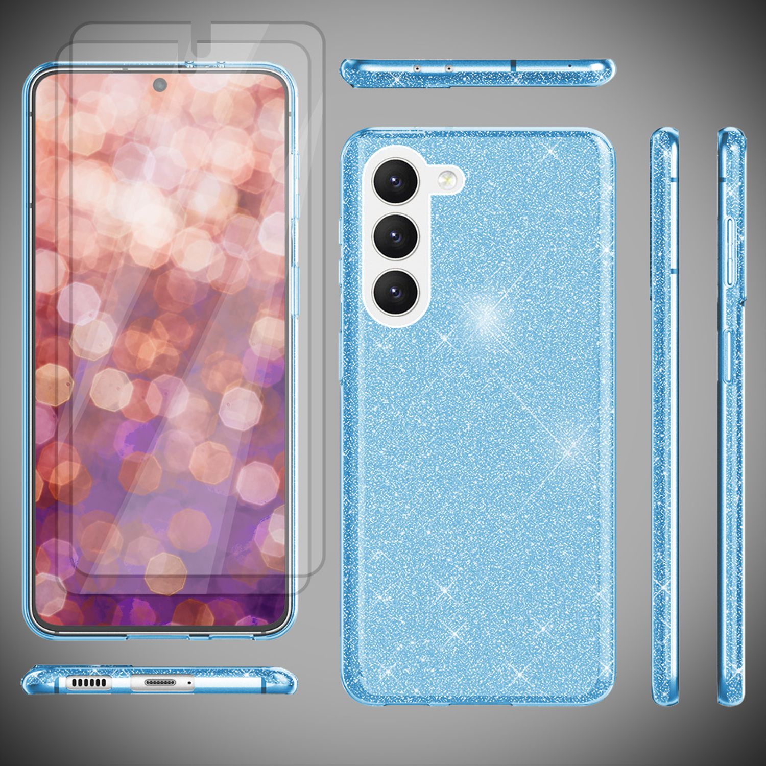 Glitzer Hybrid Silikon Hülle für Samsung Galaxy S23, 2x Displayschutz