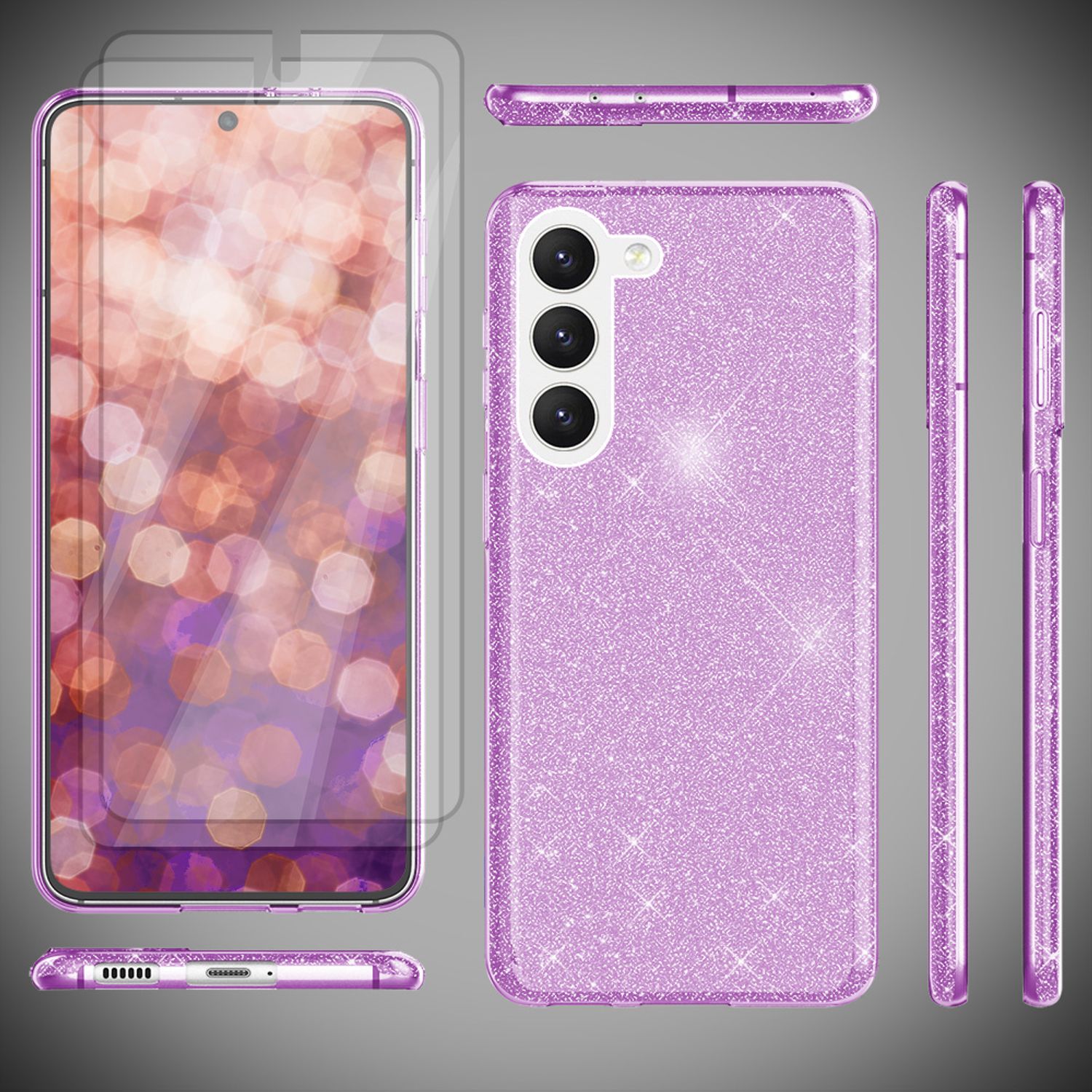Glitzer Hybrid Silikon Hülle für Samsung Galaxy S23, 2x Displayschutz