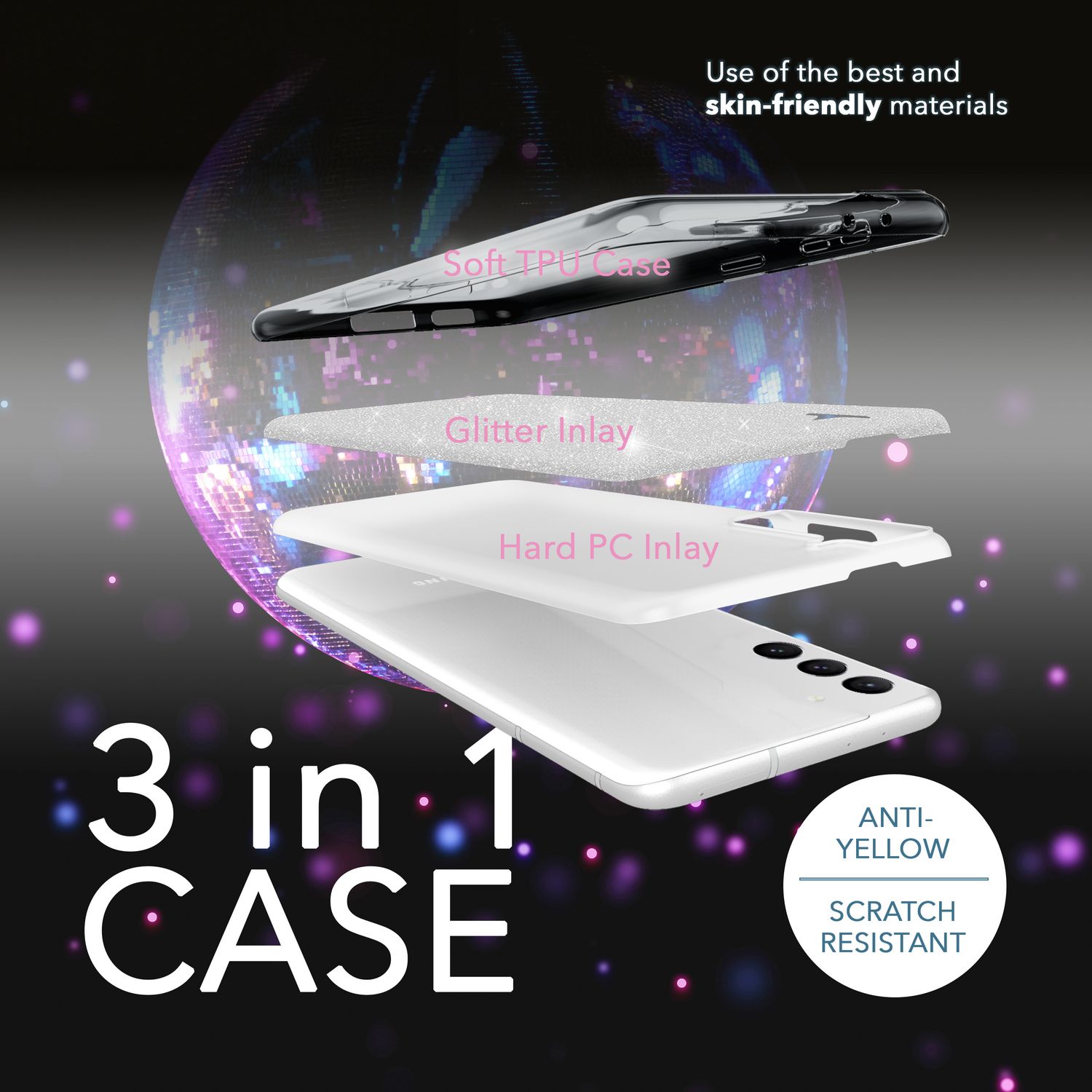 Glitzer Hybrid Hülle für Samsung Galaxy S23 Plus, 2x Displayschutz Glas