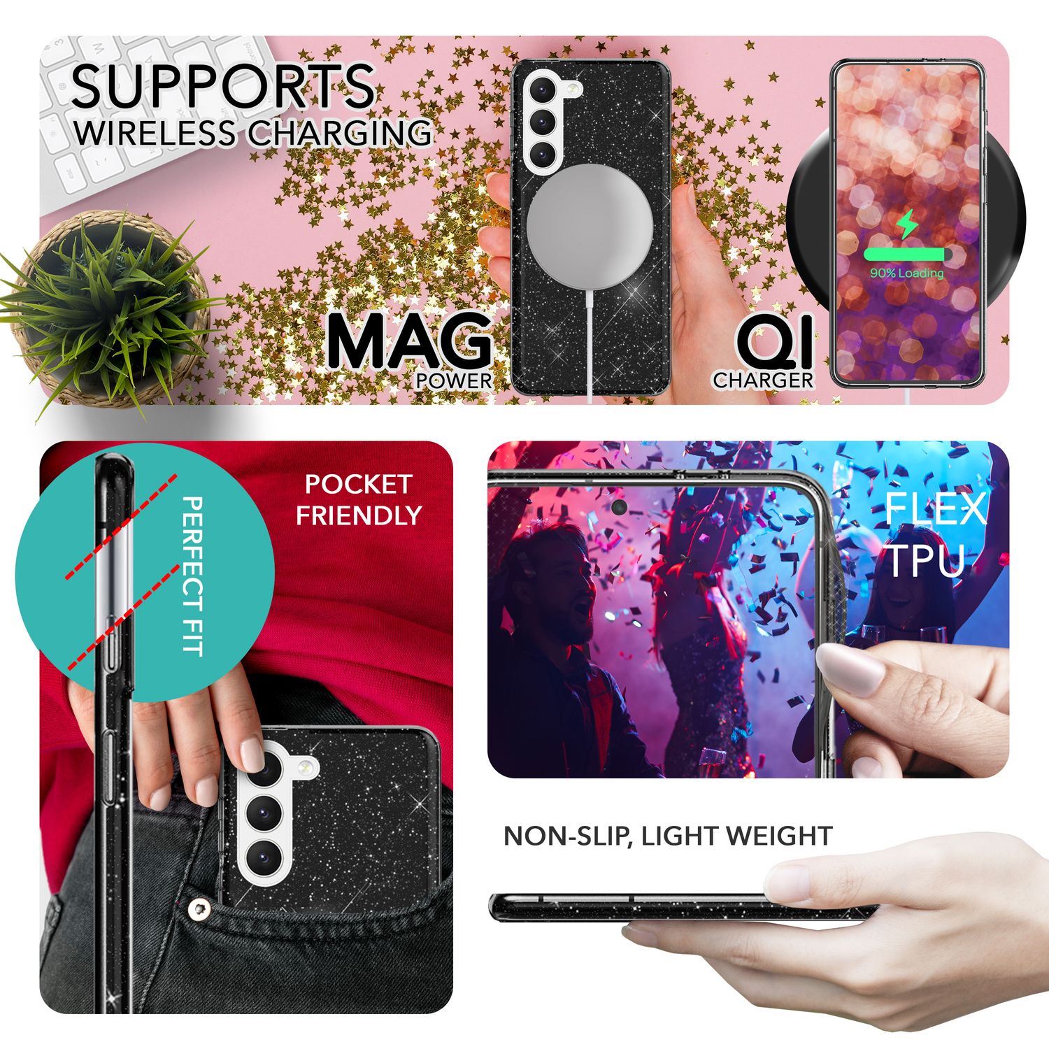 Glitzer Hybrid Hülle für Samsung Galaxy S23 Plus, 2x Displayschutz Glas