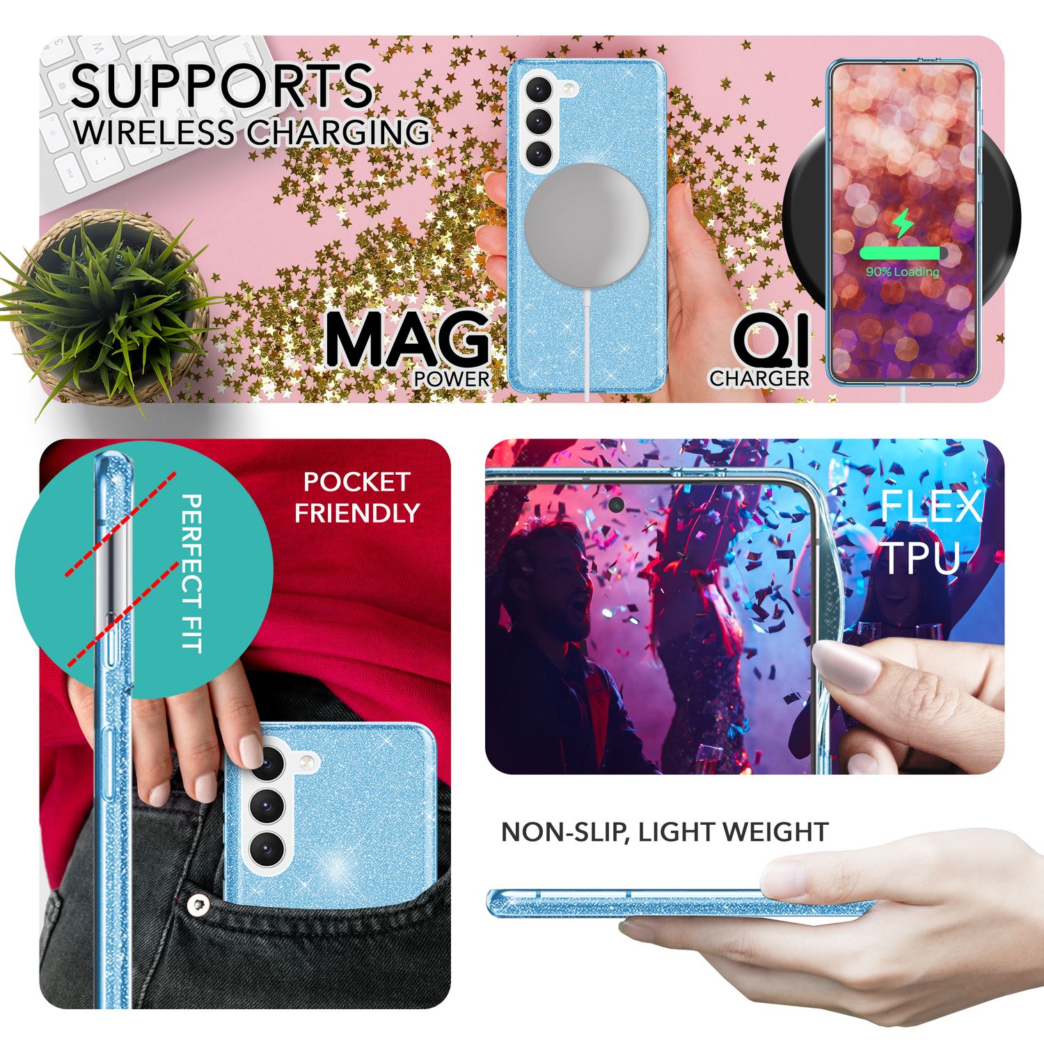 Glitzer Hybrid Hülle für Samsung Galaxy S23 Plus, 2x Displayschutz Glas