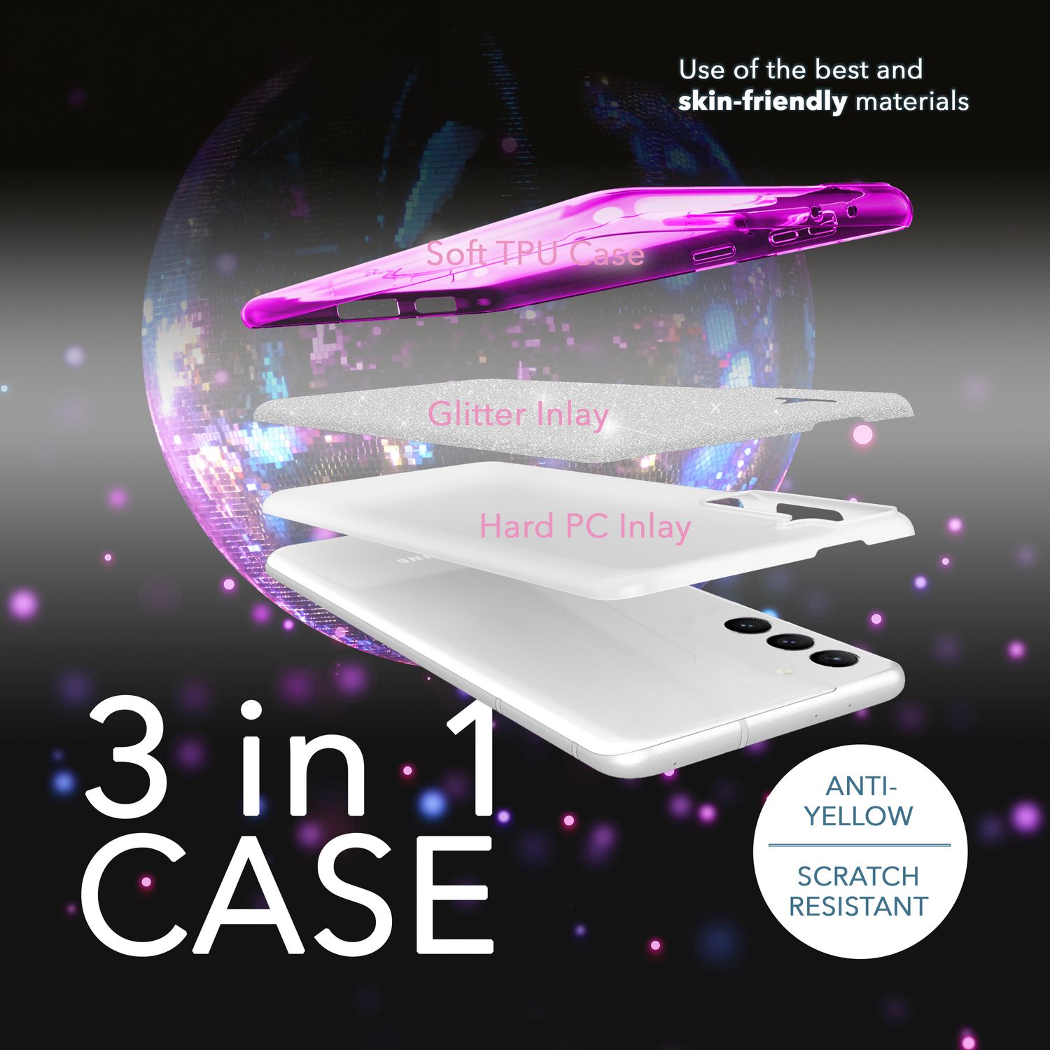 Glitzer Hybrid Hülle für Samsung Galaxy S23 Plus, 2x Displayschutz Glas