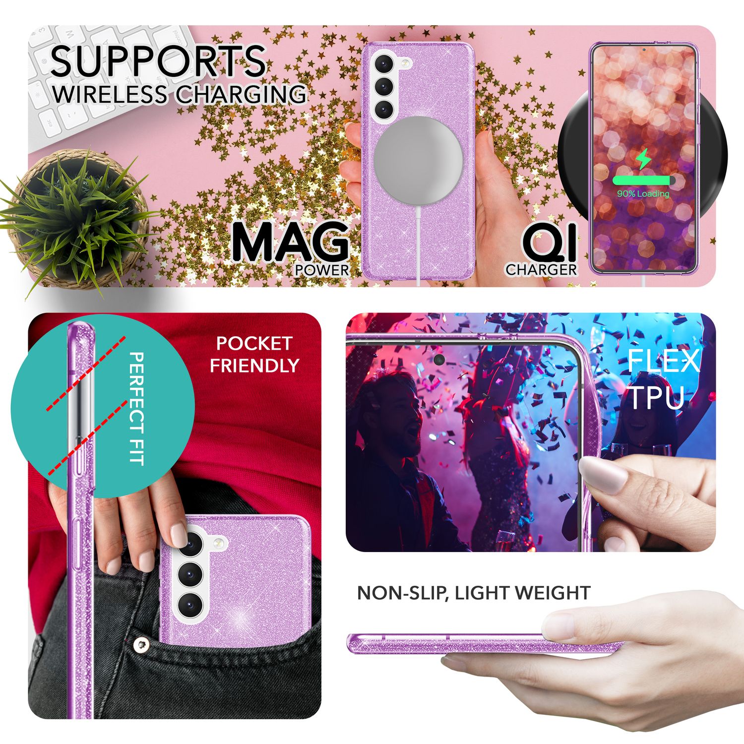 Glitzer Hybrid Hülle für Samsung Galaxy S23 Plus, 2x Displayschutz Glas