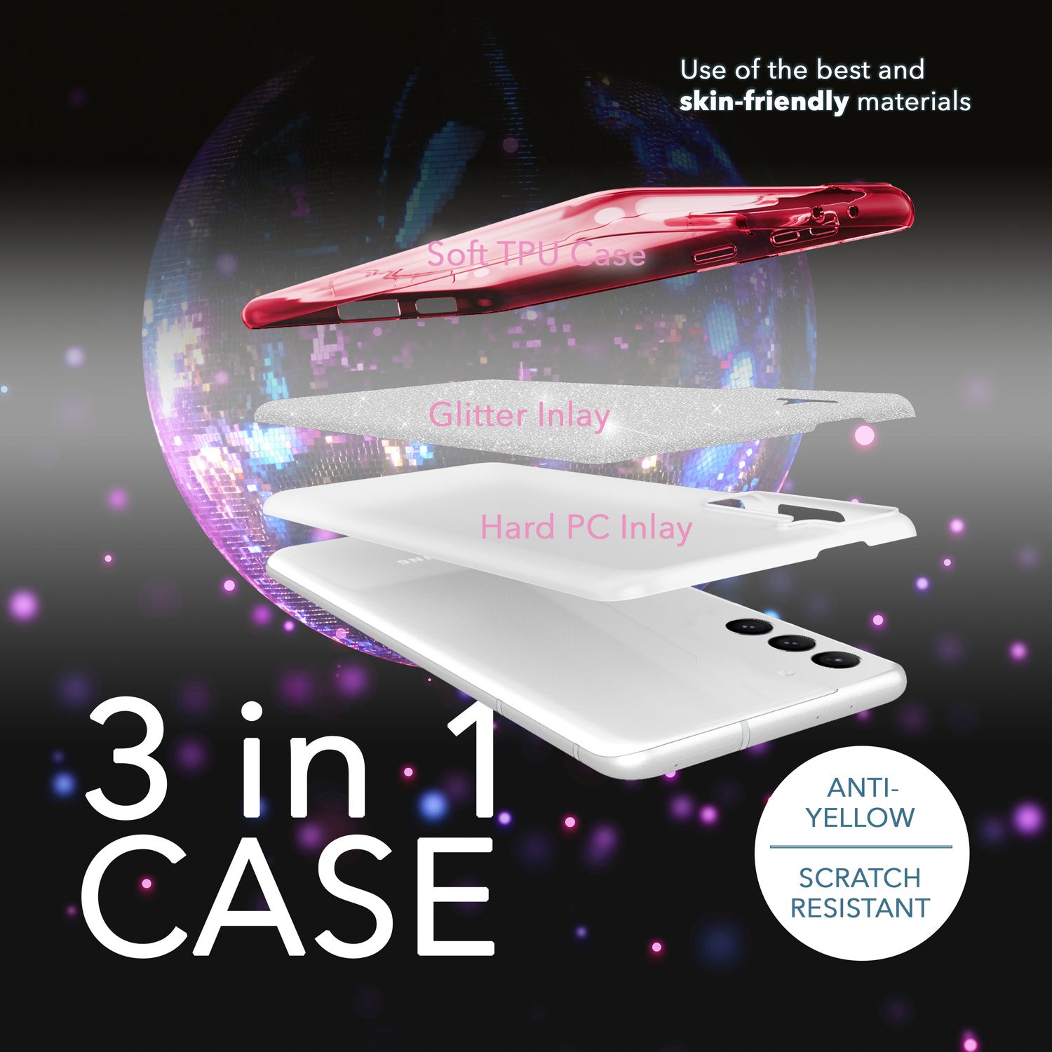 Glitzer Hybrid Hülle für Samsung Galaxy S23 Plus, 2x Displayschutz Glas