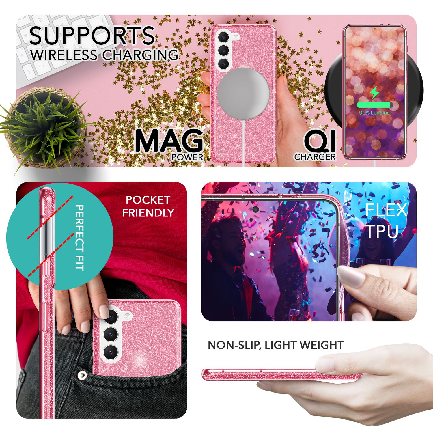 Glitzer Hybrid Hülle für Samsung Galaxy S23 Plus, 2x Displayschutz Glas