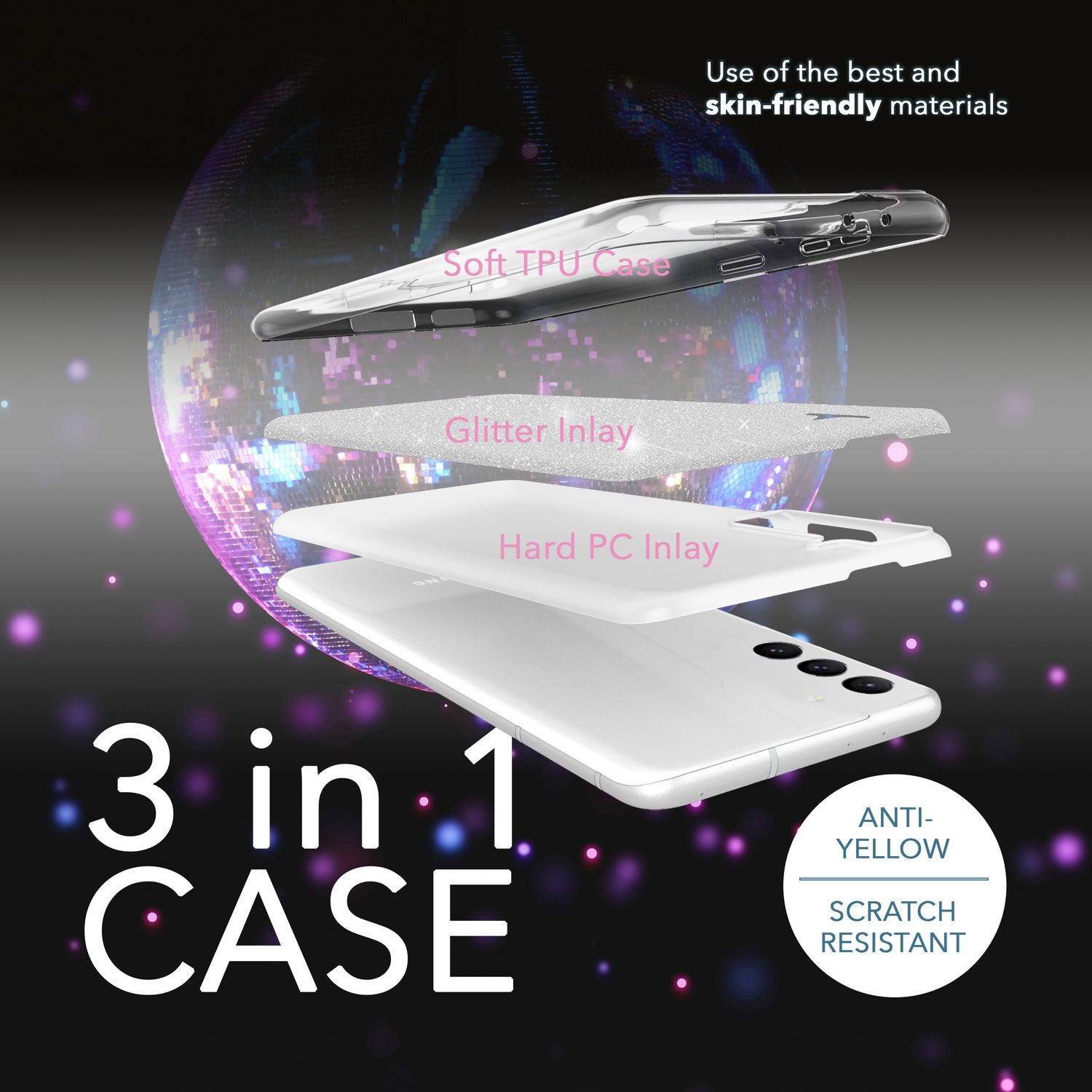 Glitzer Hybrid Hülle für Samsung Galaxy S23 Plus, 2x Displayschutz Glas