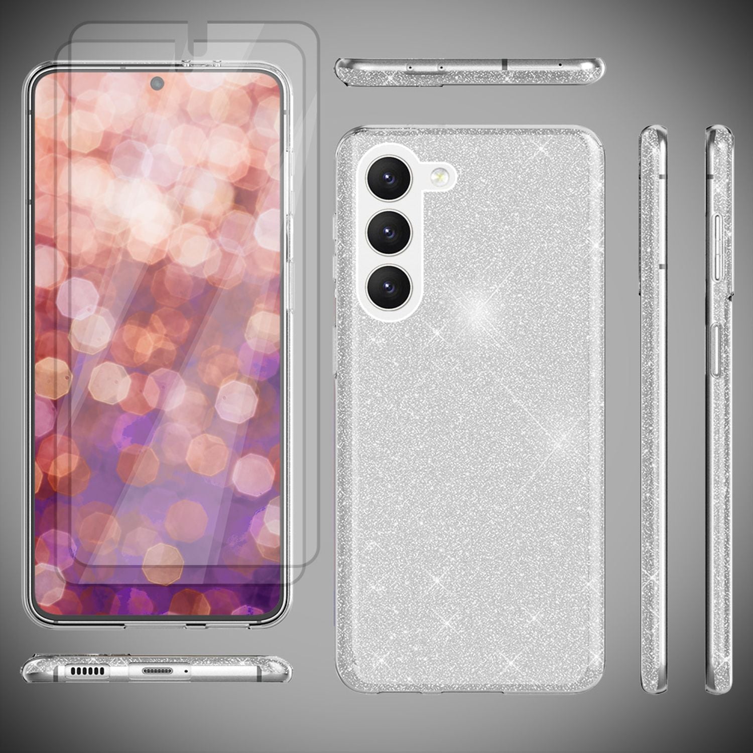 Glitzer Hybrid Hülle für Samsung Galaxy S23 Plus, 2x Displayschutz Glas