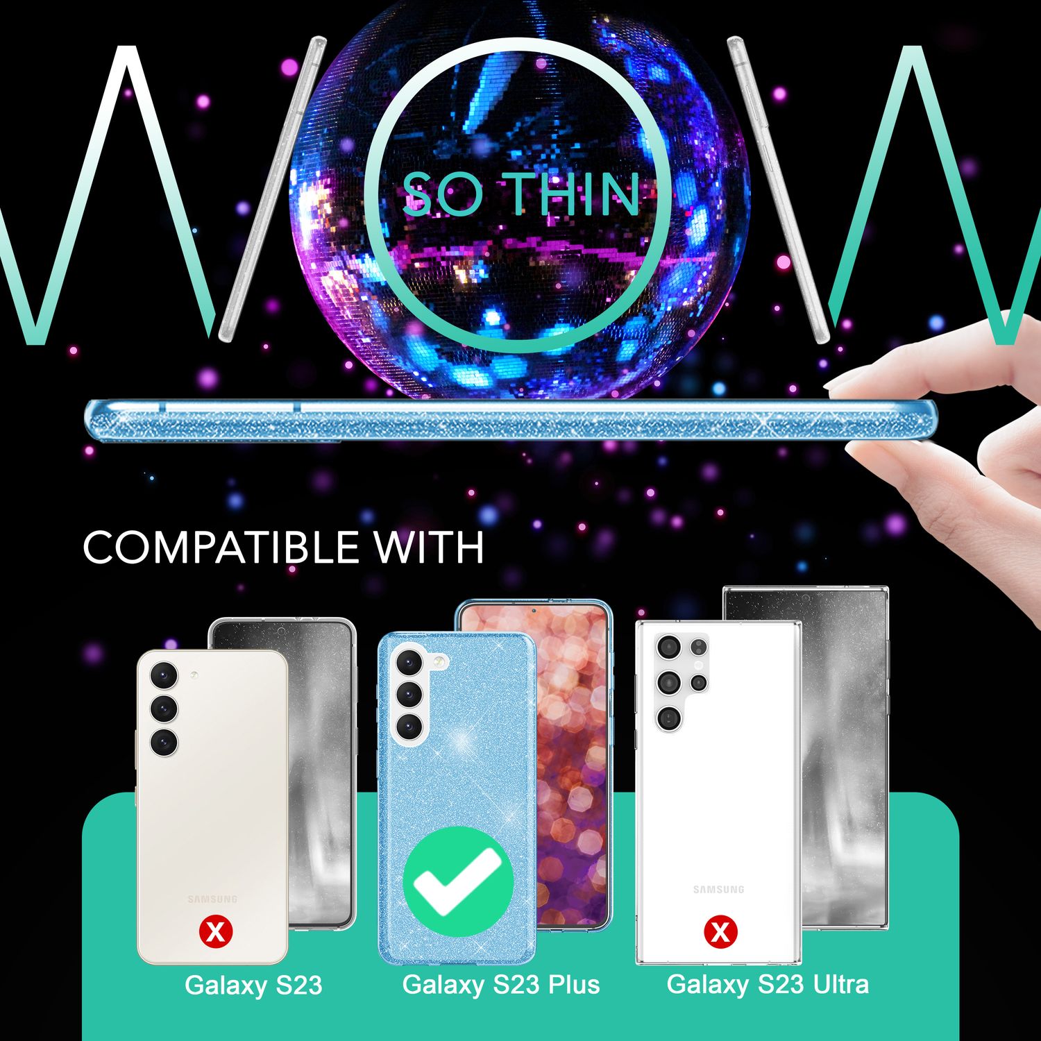 Glitzer Hybrid Hülle für Samsung Galaxy S23 Plus, 2x Displayschutz Glas