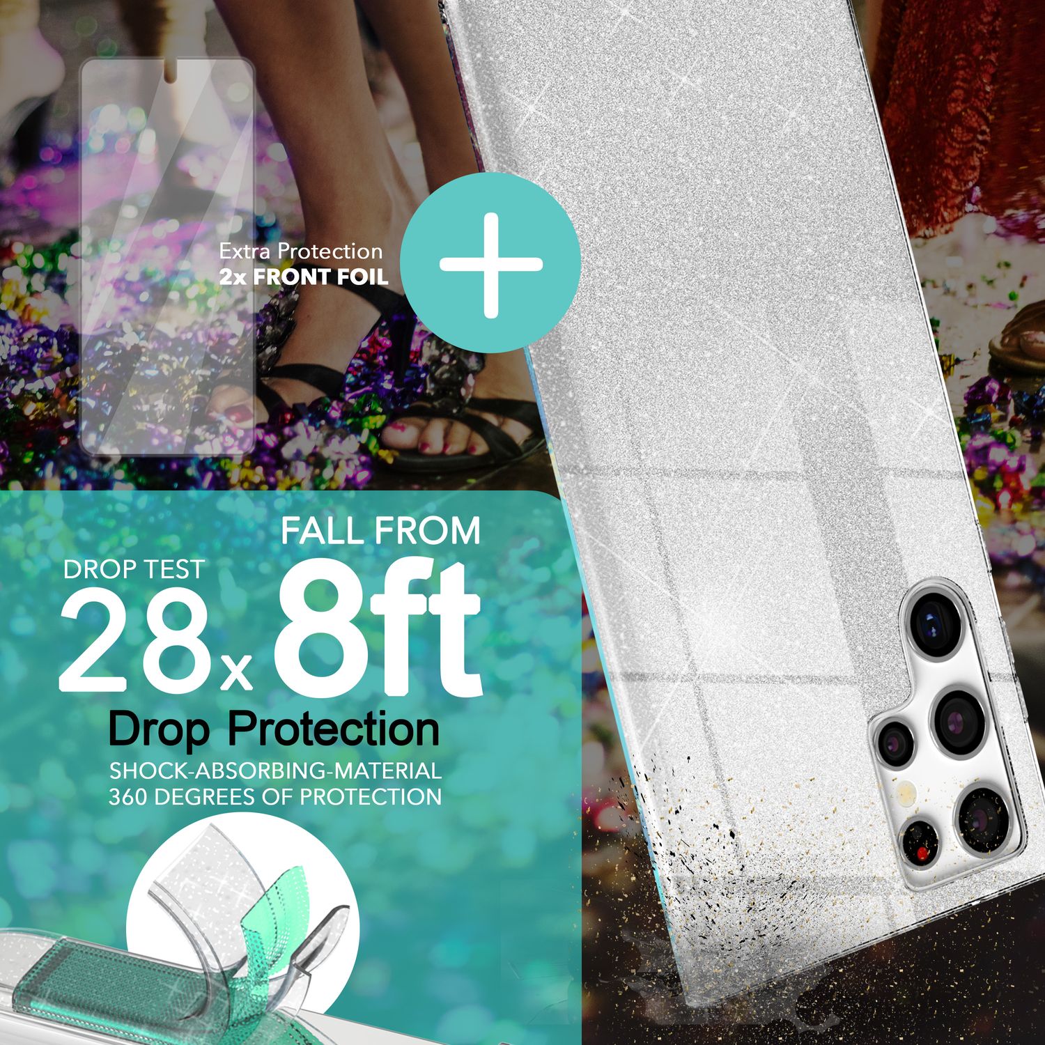 Glitzer Hybrid Hülle für Samsung Galaxy S23 Ultra, 2x Displayschutz