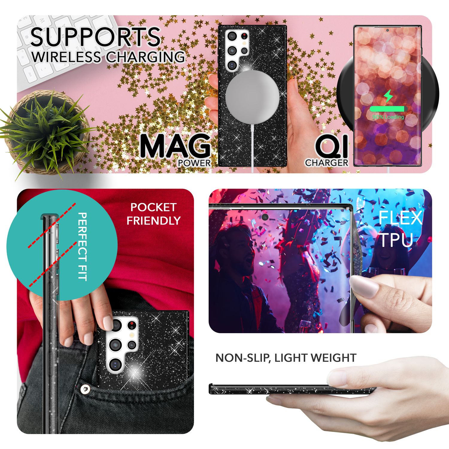 Glitzer Hybrid Hülle für Samsung Galaxy S23 Ultra, 2x Displayschutz