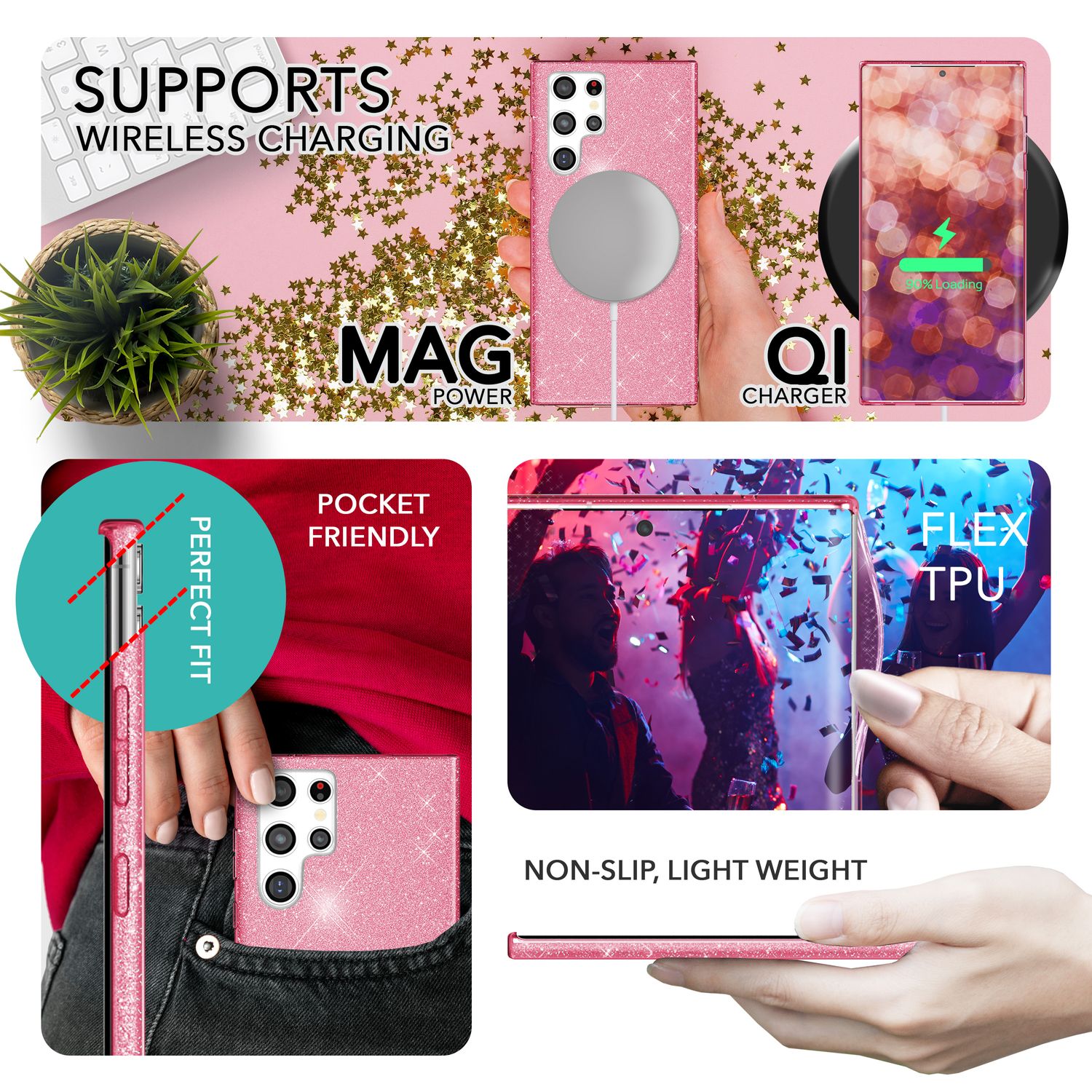 Glitzer Hybrid Hülle für Samsung Galaxy S23 Ultra, 2x Displayschutz