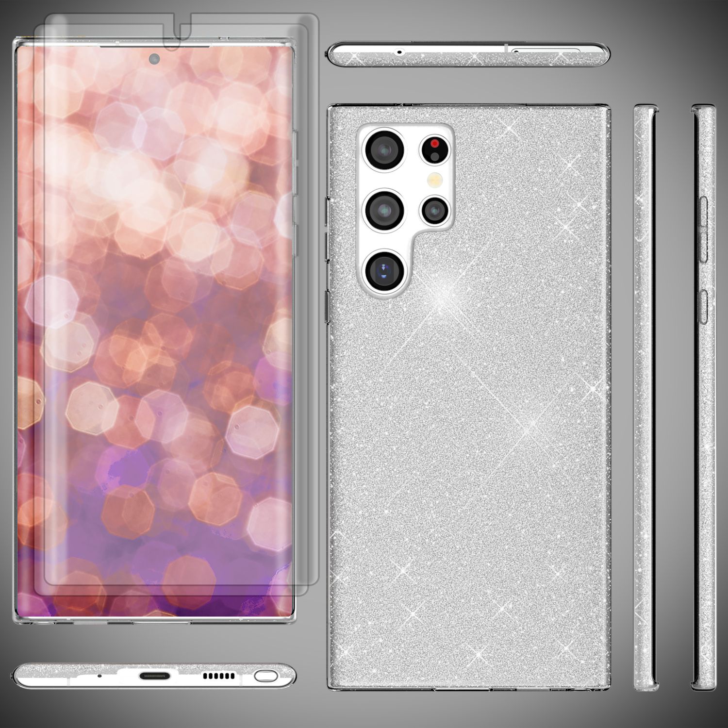 Glitzer Hybrid Hülle für Samsung Galaxy S23 Ultra, 2x Displayschutz