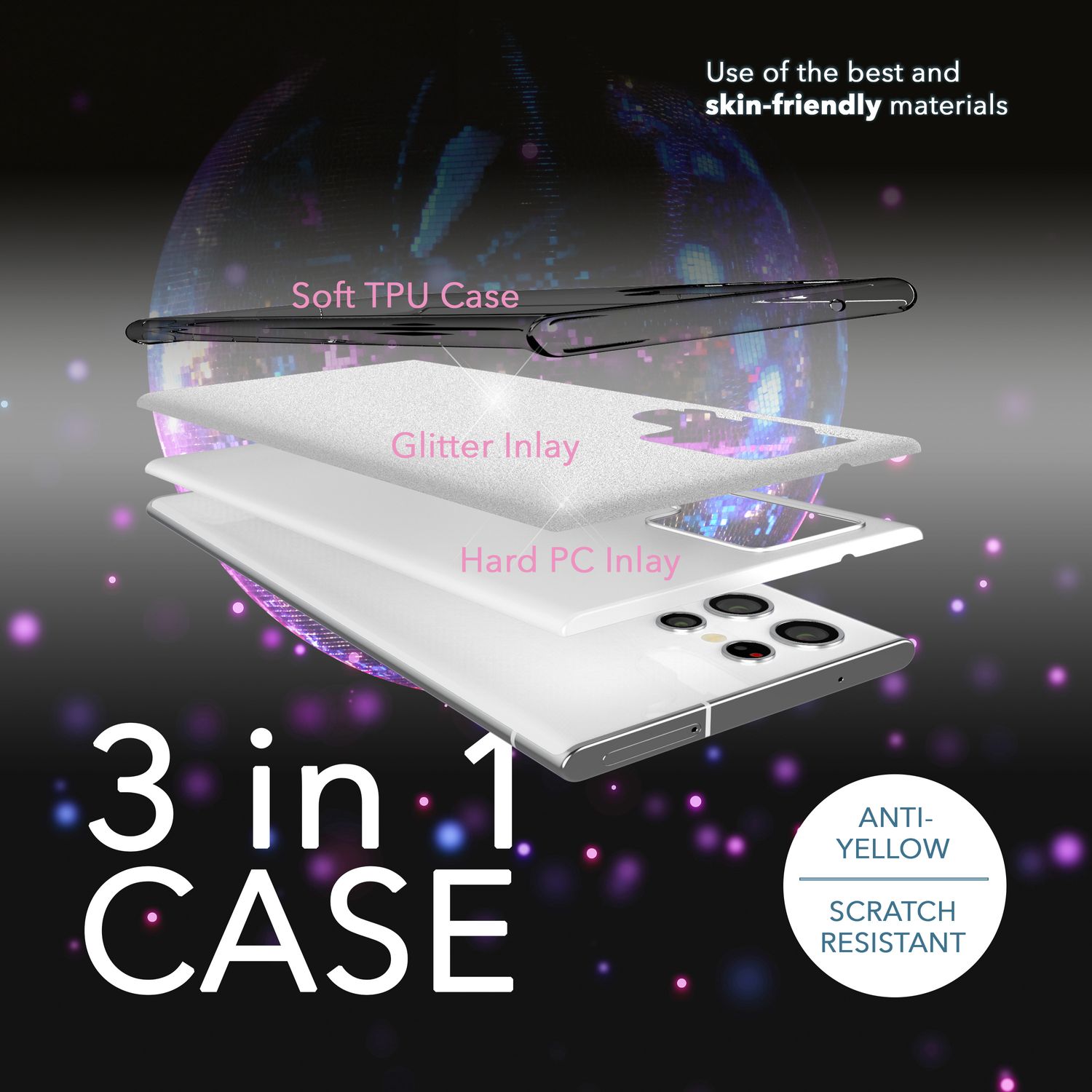 Glitzer Hybrid Hülle für Samsung Galaxy S23 Ultra, 2x Displayschutz