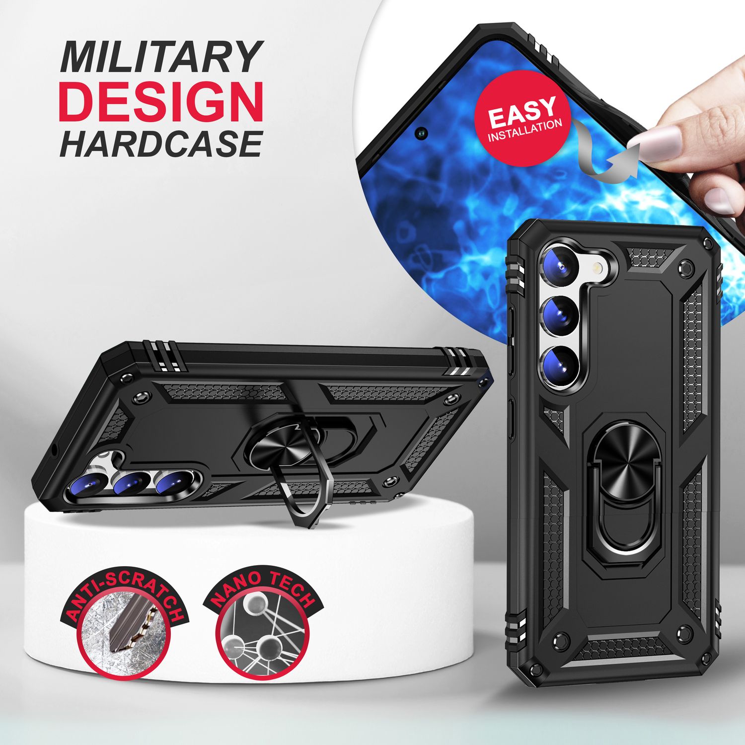 Military Ring Hülle für Samsung Galaxy S23, 2x Display- & Kameraschutz Schwarz NALIA Outdoor Hülle