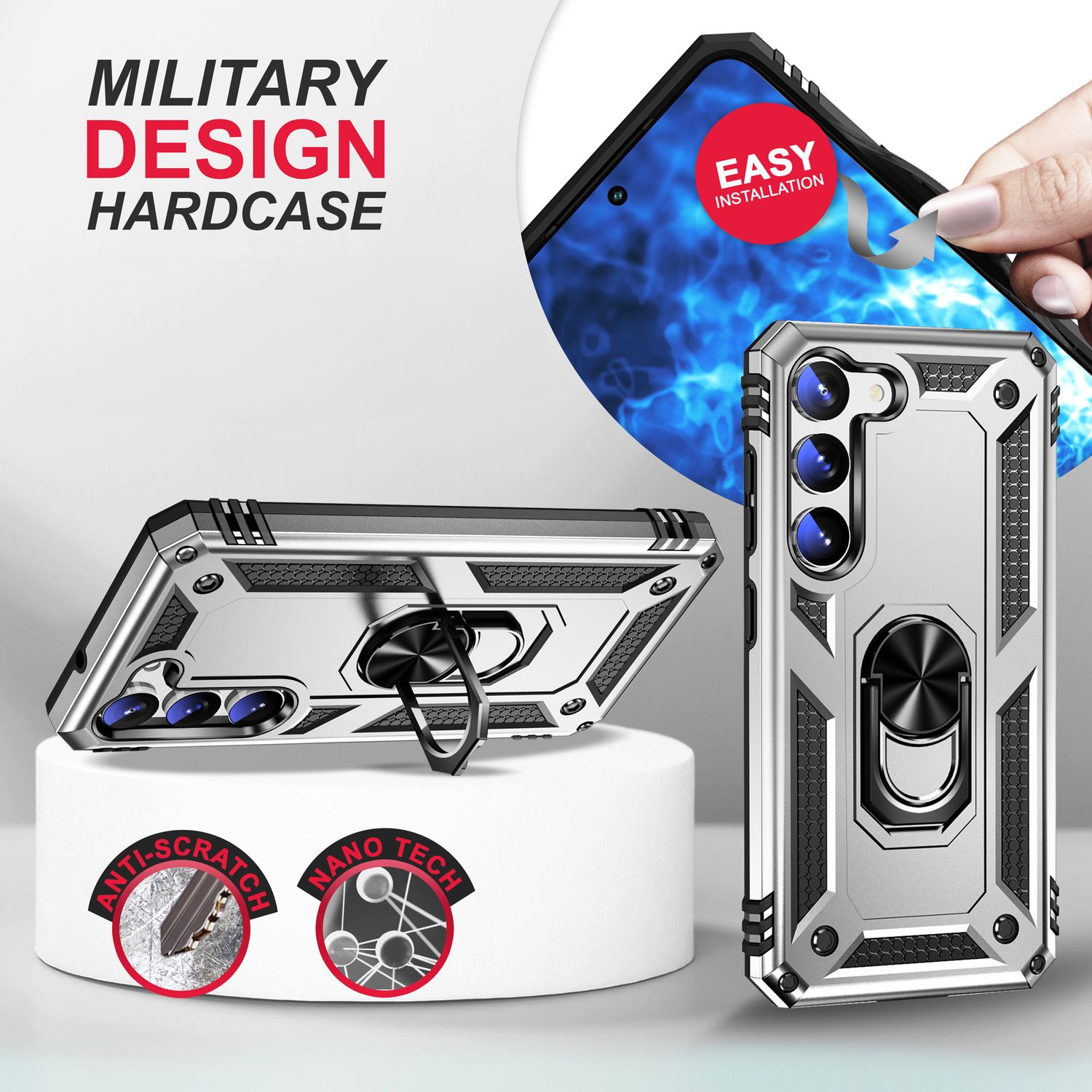 Military Ring Hülle für Samsung Galaxy S23, 2x Display- & Kameraschutz Silber NALIA Outdoor Hülle