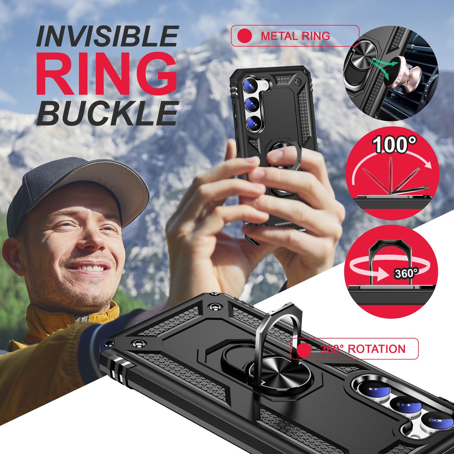 Military Ring Hülle für Samsung Galaxy S23, 2x Display- & Kameraschutz Schwarz NALIA Outdoor Hülle