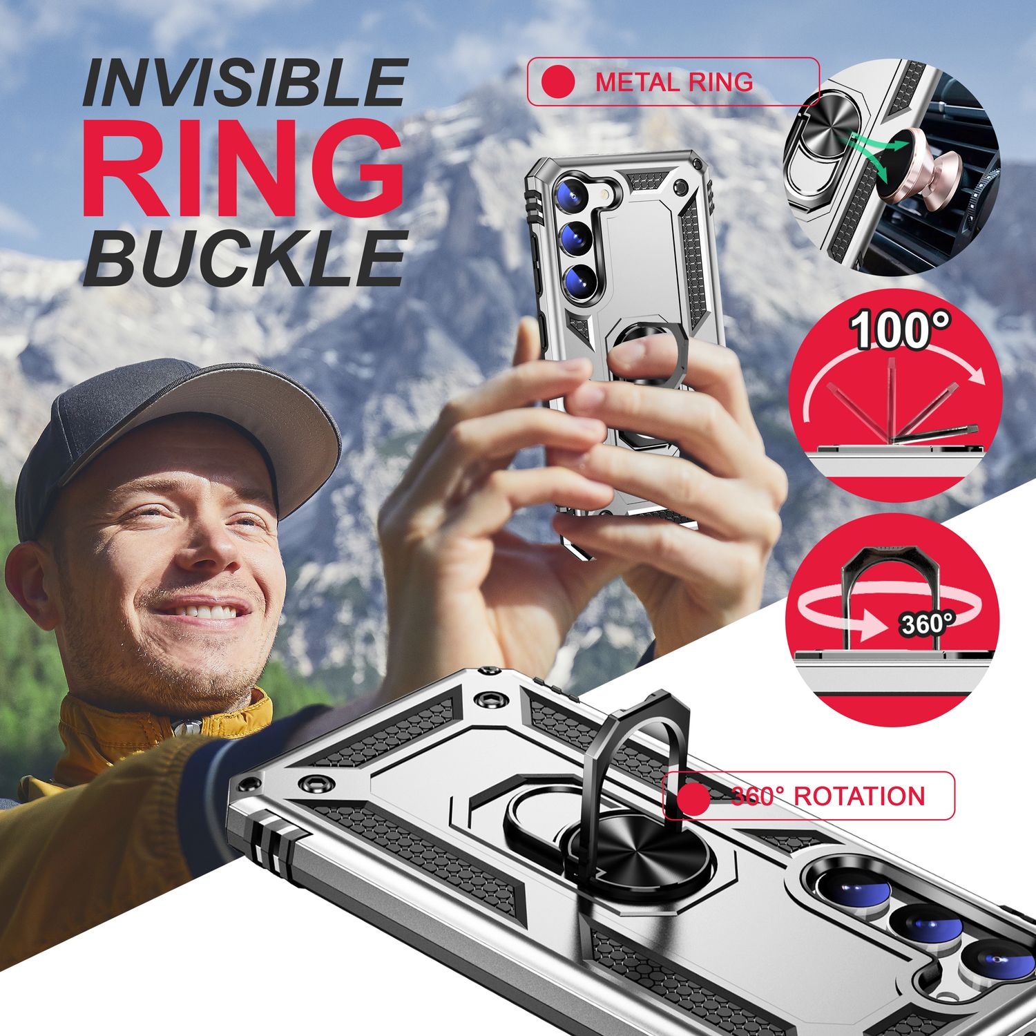 Military Ring Hülle für Samsung Galaxy S23, 2x Display- & Kameraschutz Silber NALIA Outdoor Hülle