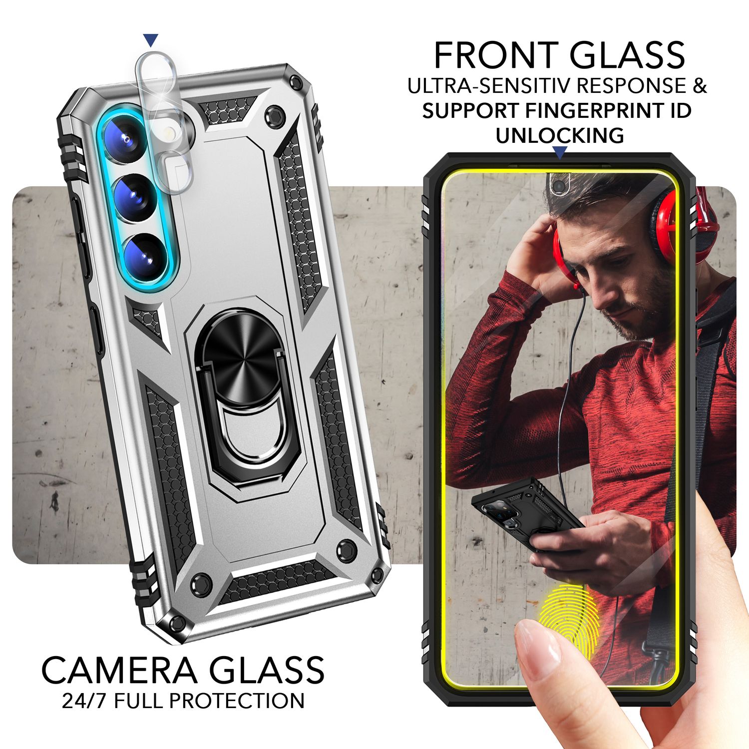 Military Ring Hülle für Samsung Galaxy S23, 2x Display- & Kameraschutz Silber NALIA Outdoor Hülle