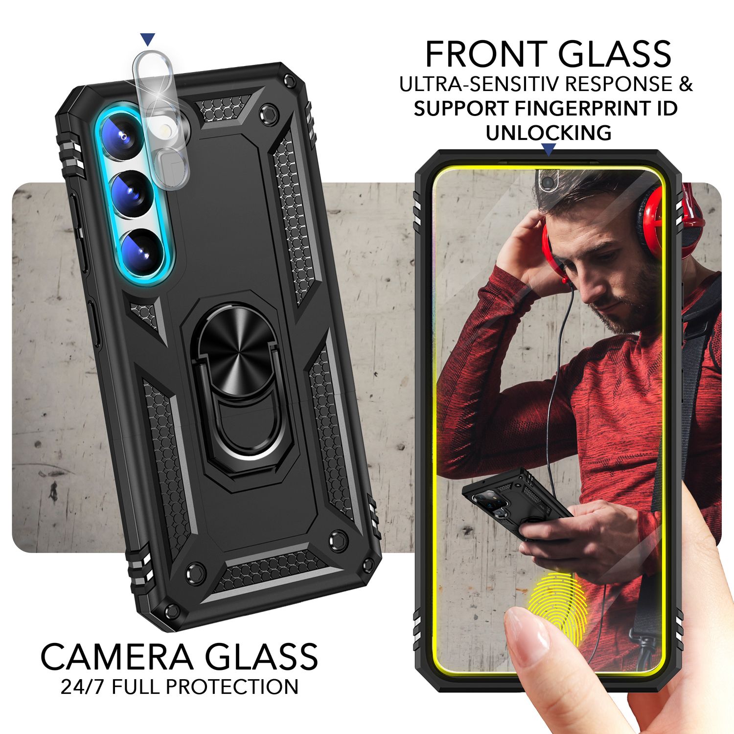 Military Ring Hülle für Samsung Galaxy S23 Plus, Display-/ Kameraschutz Schwarz NALIA Protective Hülle