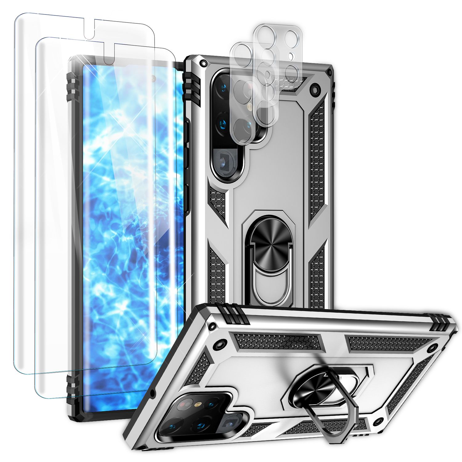 Robuste Ring Hülle für Samsung Galaxy S23 Ultra, Display-/ Kameraschutz Silber NALIA Protective Hülle