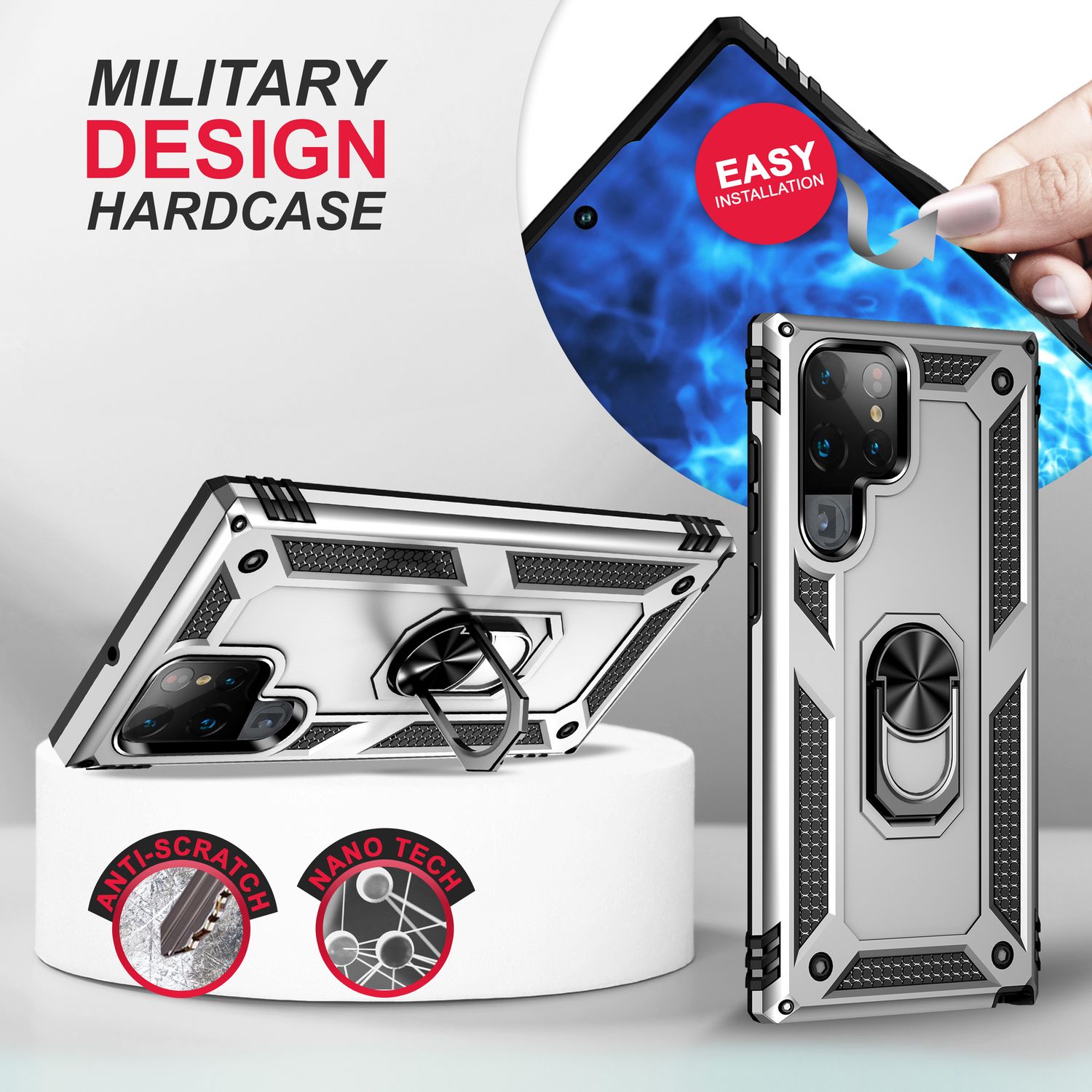 Robuste Ring Hülle für Samsung Galaxy S23 Ultra, Display-/ Kameraschutz Silber NALIA Protective Hülle