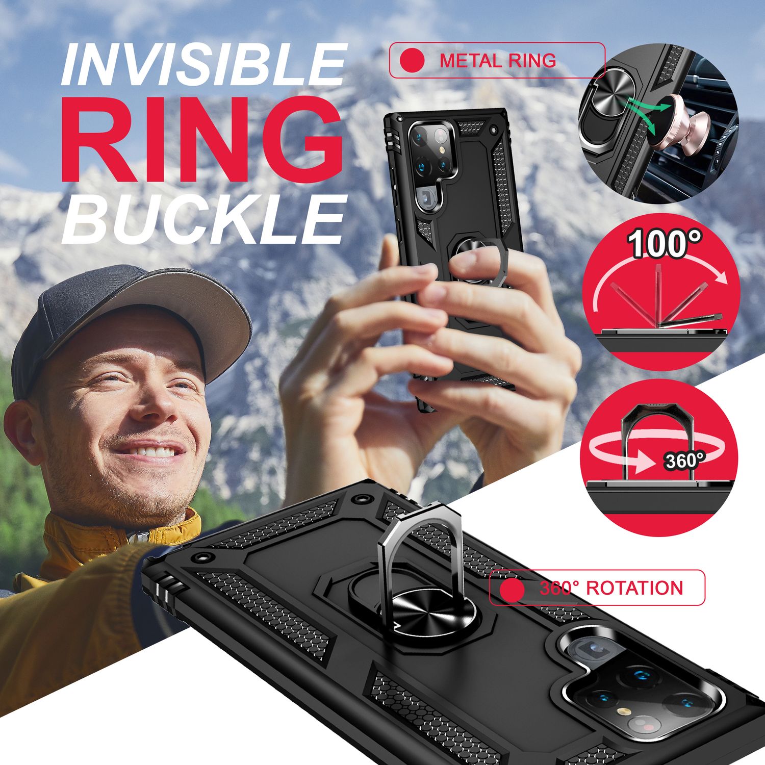 Robuste Ring Hülle für Samsung Galaxy S23 Ultra, Display-/ Kameraschutz Schwarz NALIA Protective Hülle