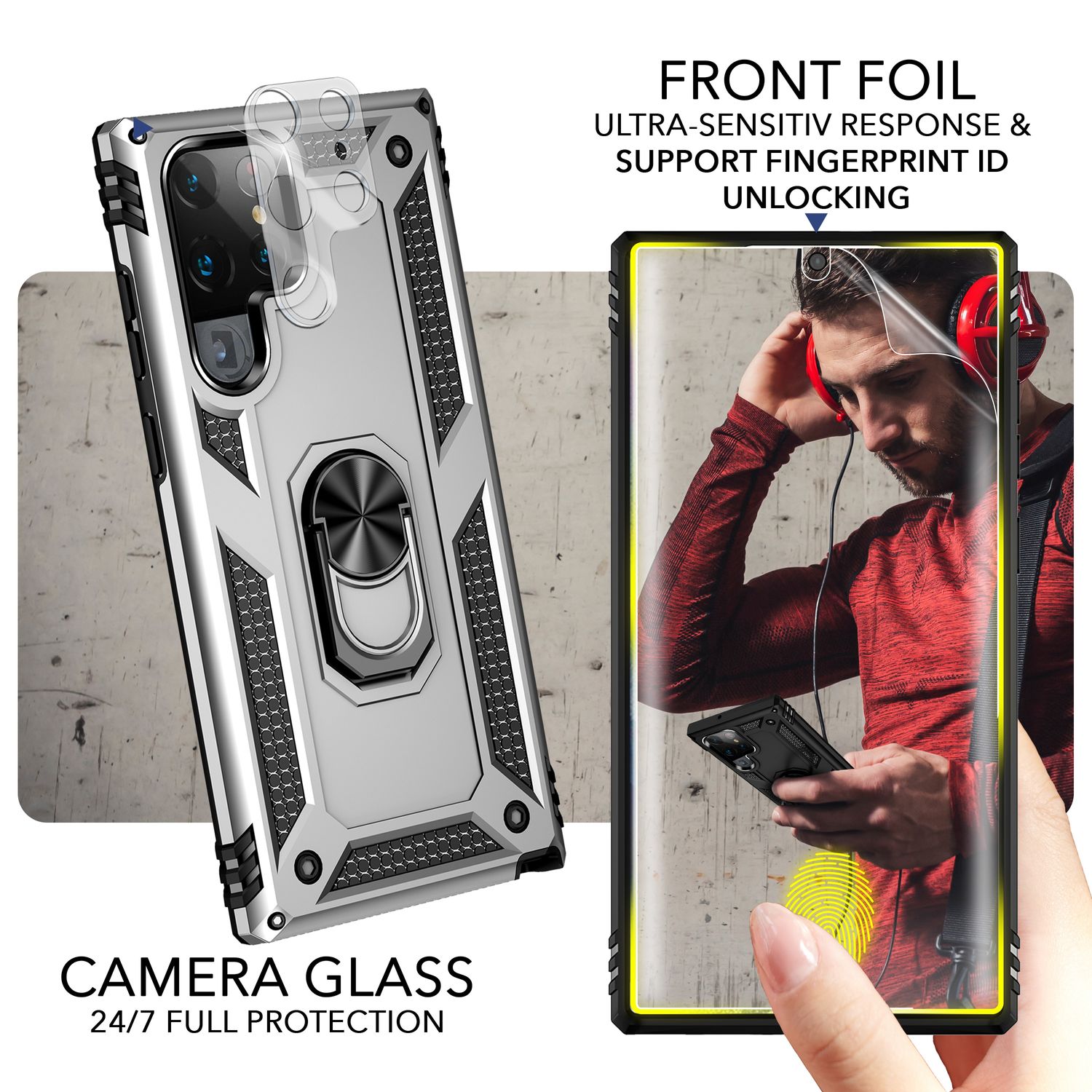 Robuste Ring Hülle für Samsung Galaxy S23 Ultra, Display-/ Kameraschutz Silber NALIA Protective Hülle