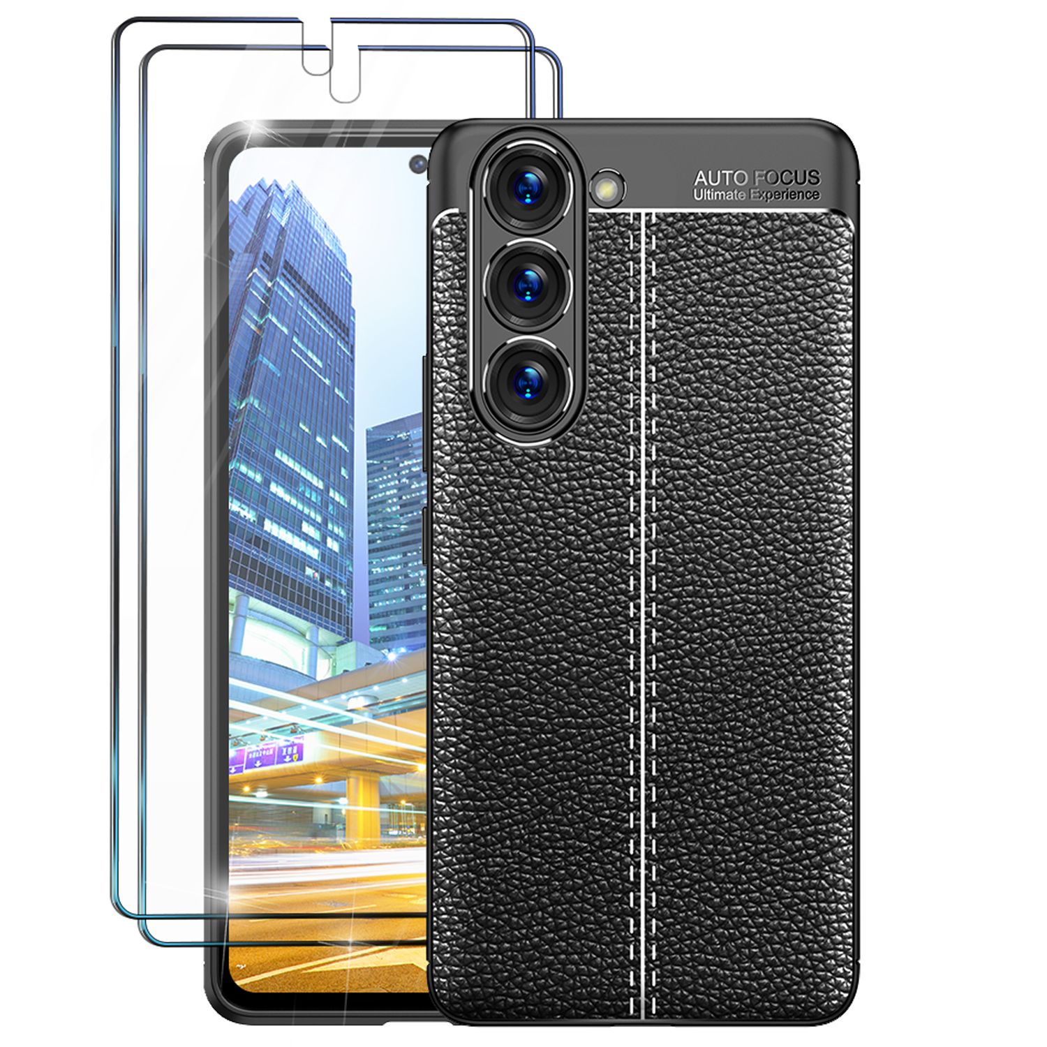 Leder Look Silikon Hülle für Samsung Galaxy S23, 2x Displayschutz Glas, Schwarz