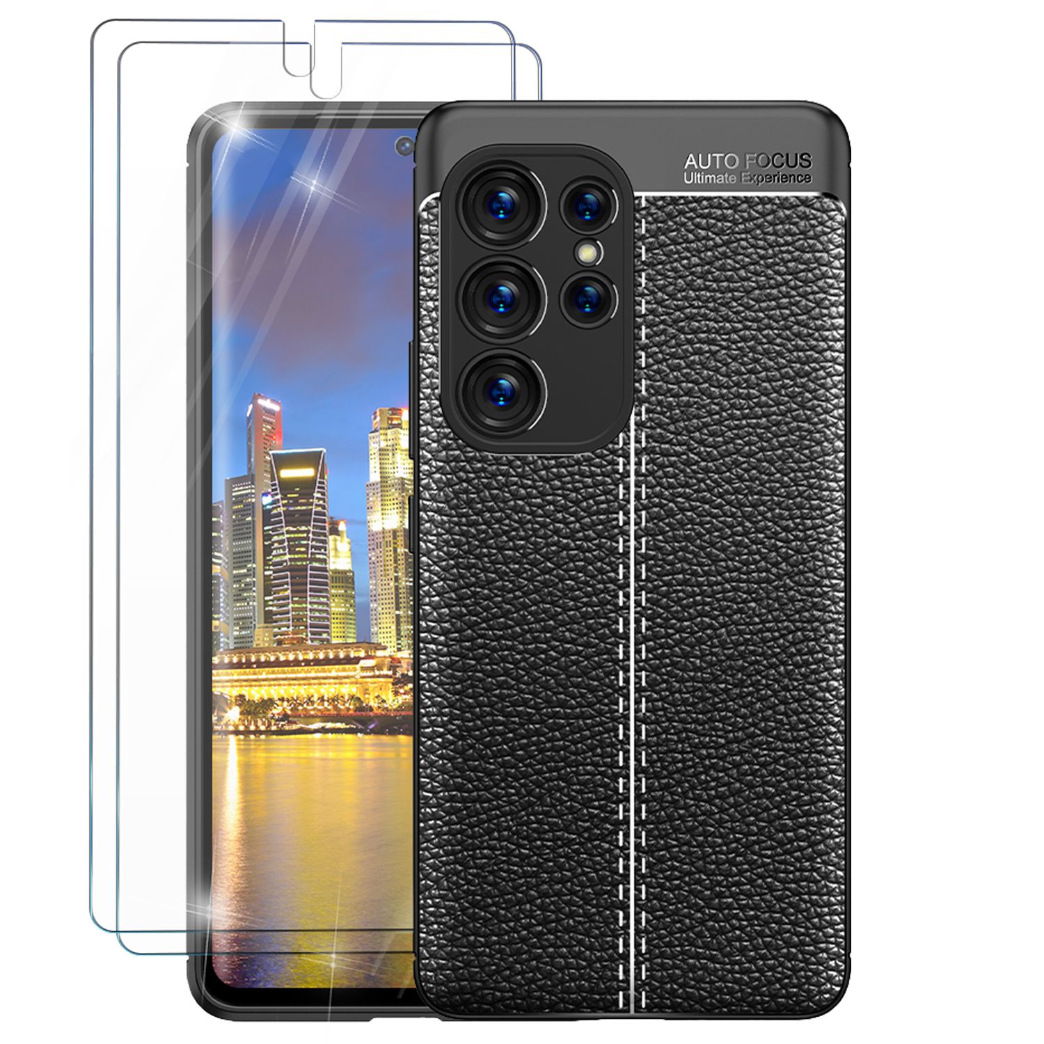 Leder Look Silikon Hülle für Samsung Galaxy S23 Ultra, 2x Displayschutz, Schwarz