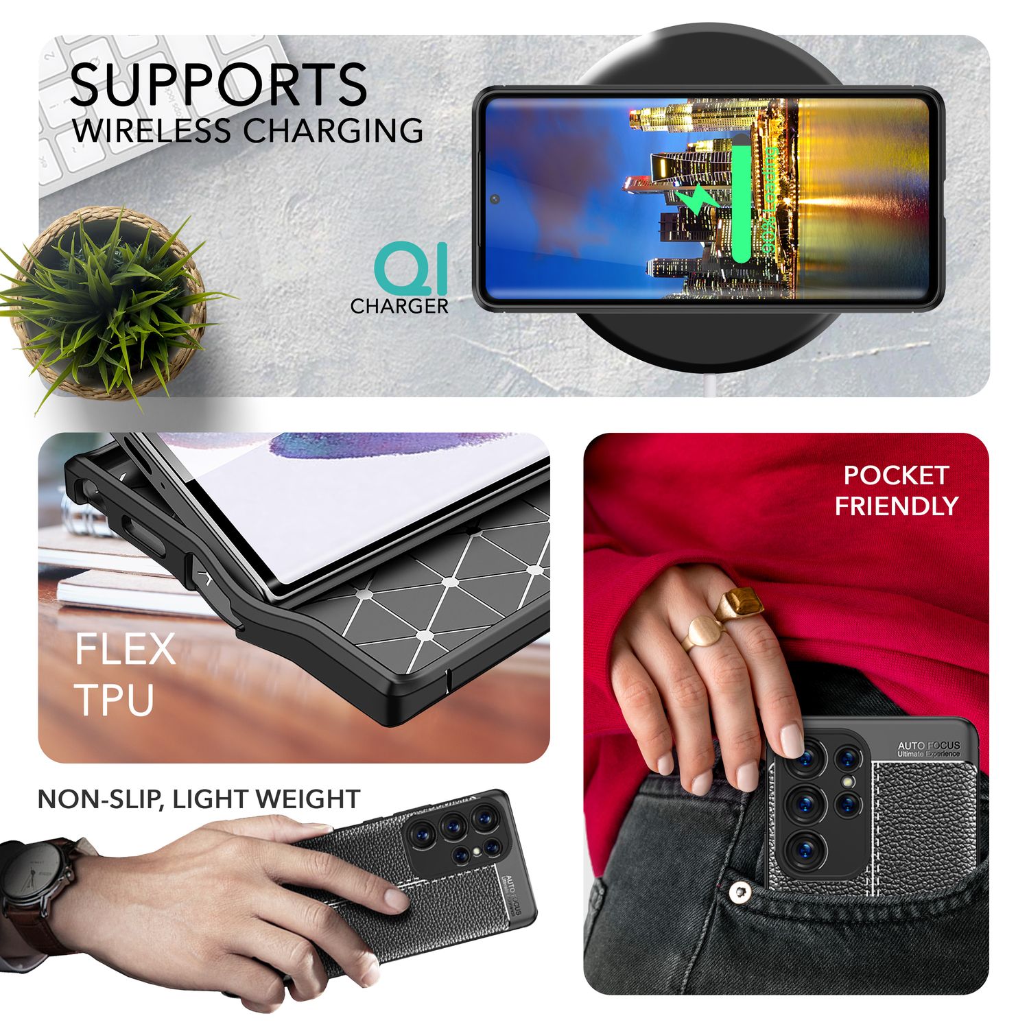 Leder Look Silikon Hülle für Samsung Galaxy S23 Ultra, 2x Displayschutz, Schwarz Default Title NALIA Protective Hülle