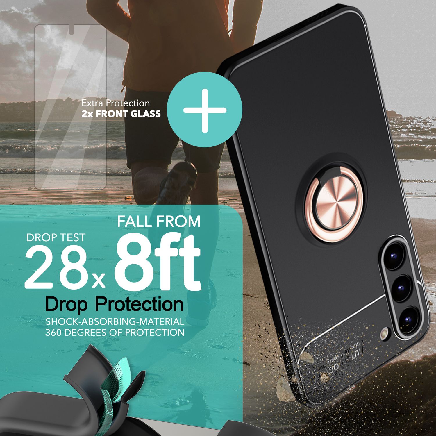 Matte Ring Silikon Hülle für Samsung Galaxy S23 Plus, 2x Displayglas Rose Gold NALIA Protective Hülle