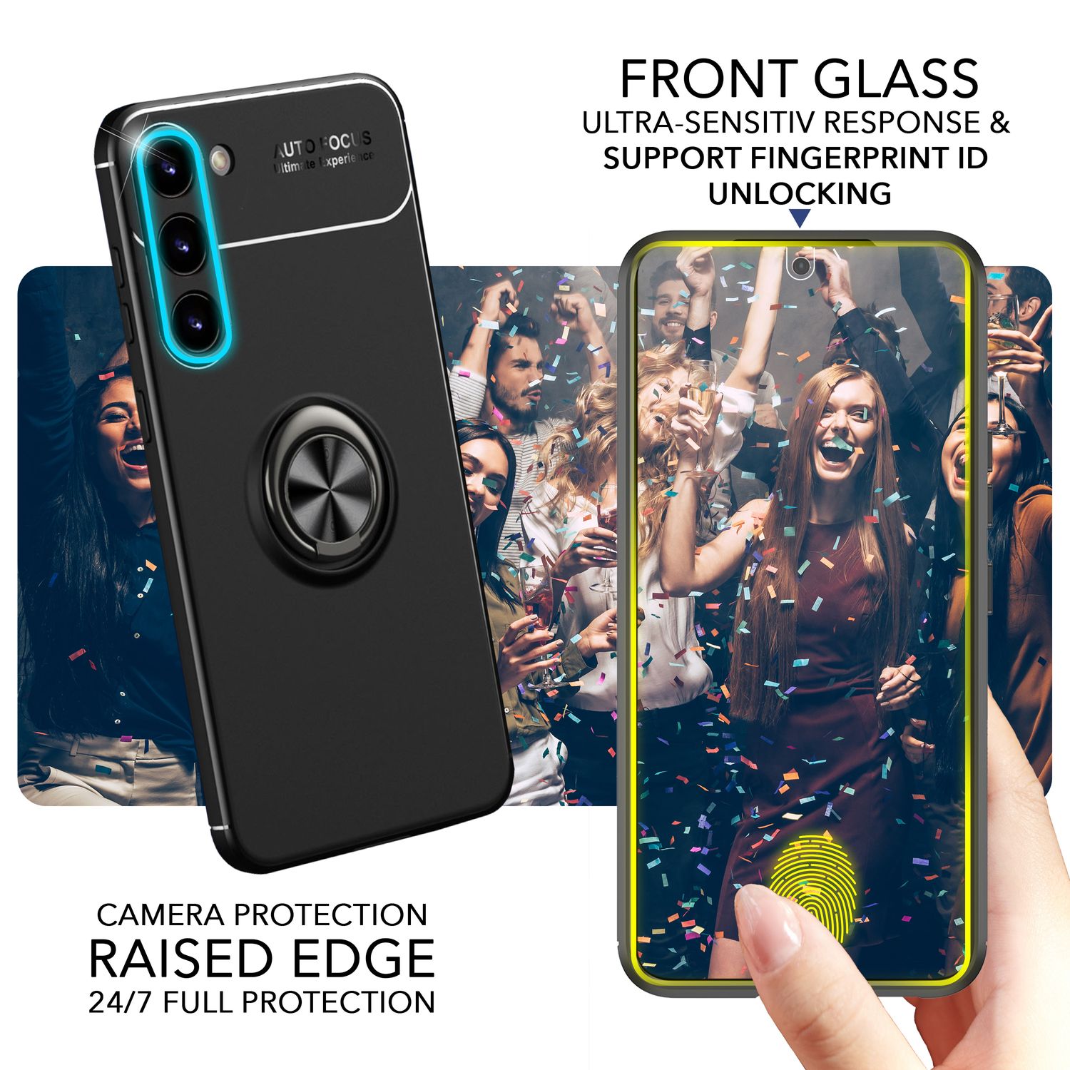 Matte Ring Silikon Hülle für Samsung Galaxy S23 Plus, 2x Displayglas Schwarz NALIA Protective Hülle