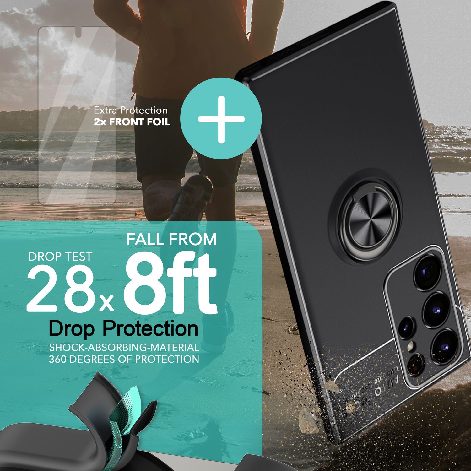 Ring Silikon Hülle für Samsung Galaxy S23 Ultra, 2x Displayschutz Schwarz NALIA Protective Hülle