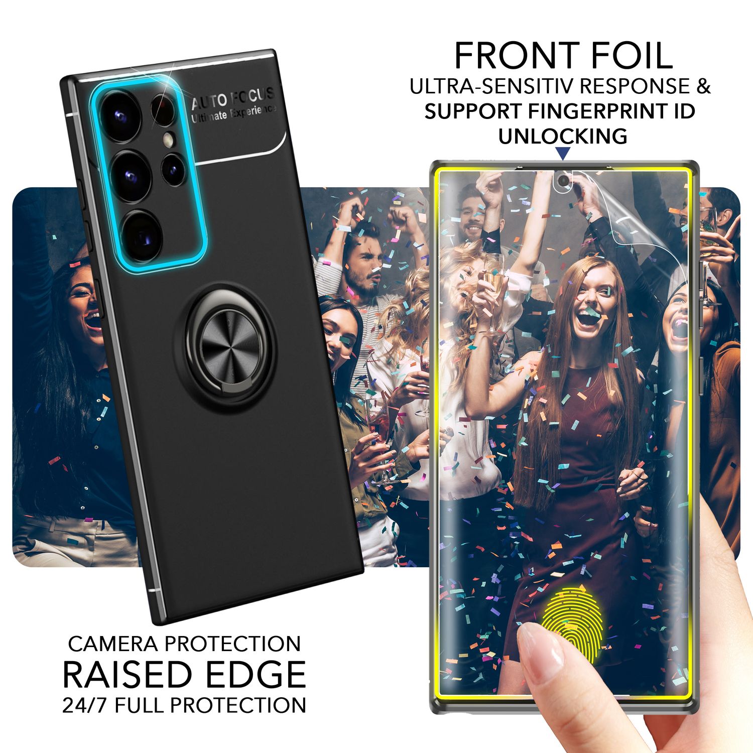 Ring Silikon Hülle für Samsung Galaxy S23 Ultra, 2x Displayschutz Schwarz NALIA Protective Hülle