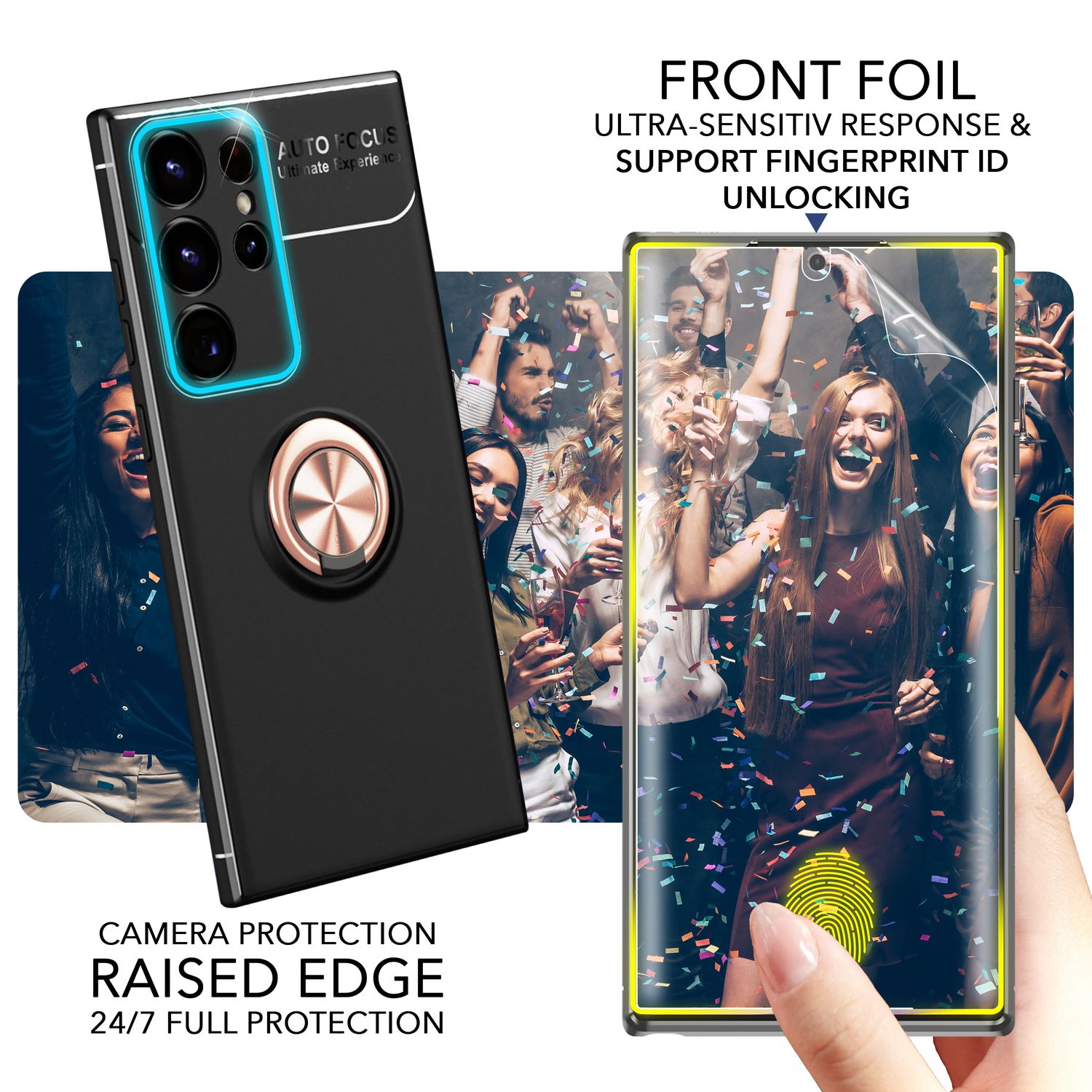 Ring Silikon Hülle für Samsung Galaxy S23 Ultra, 2x Displayschutz Rose Gold NALIA Protective Hülle