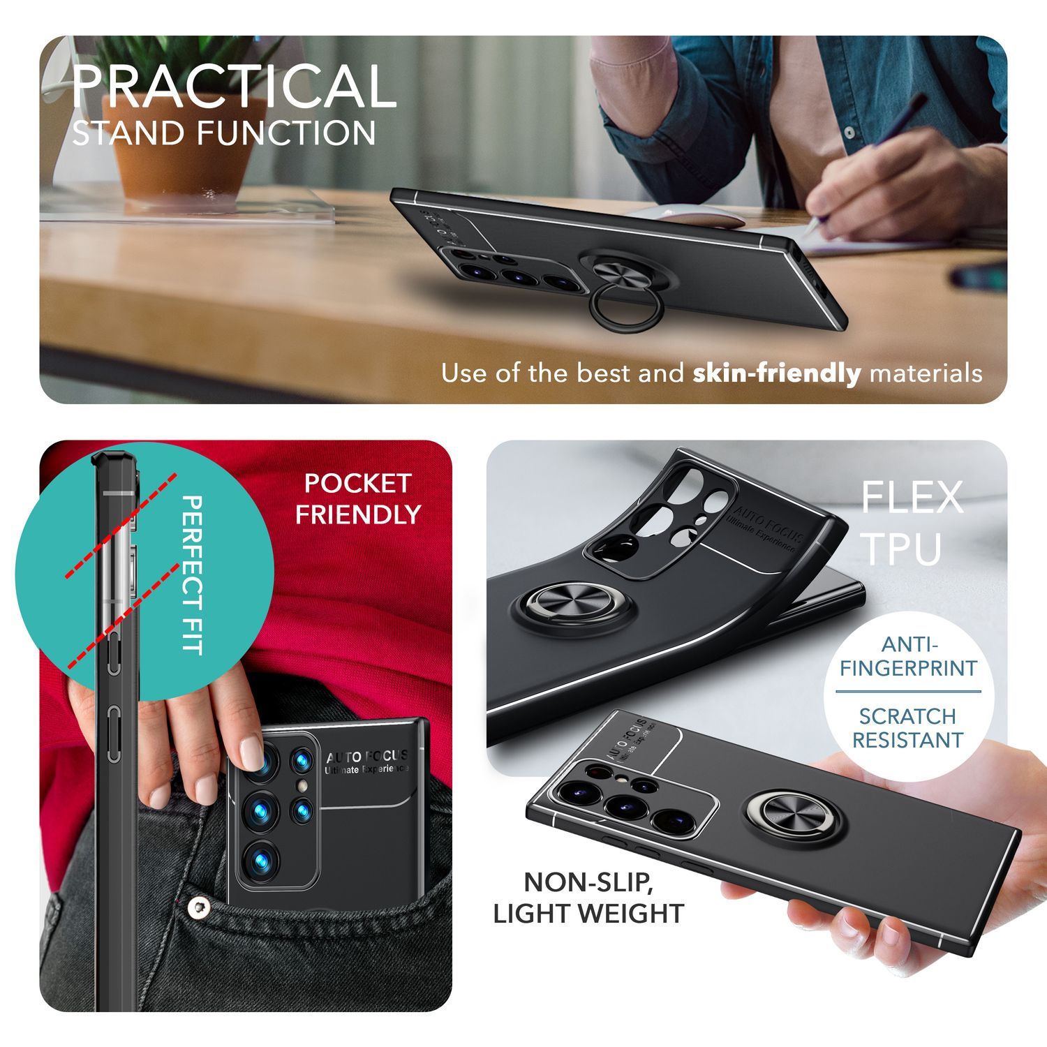 Ring Silikon Hülle für Samsung Galaxy S23 Ultra, 2x Displayschutz Schwarz NALIA Protective Hülle