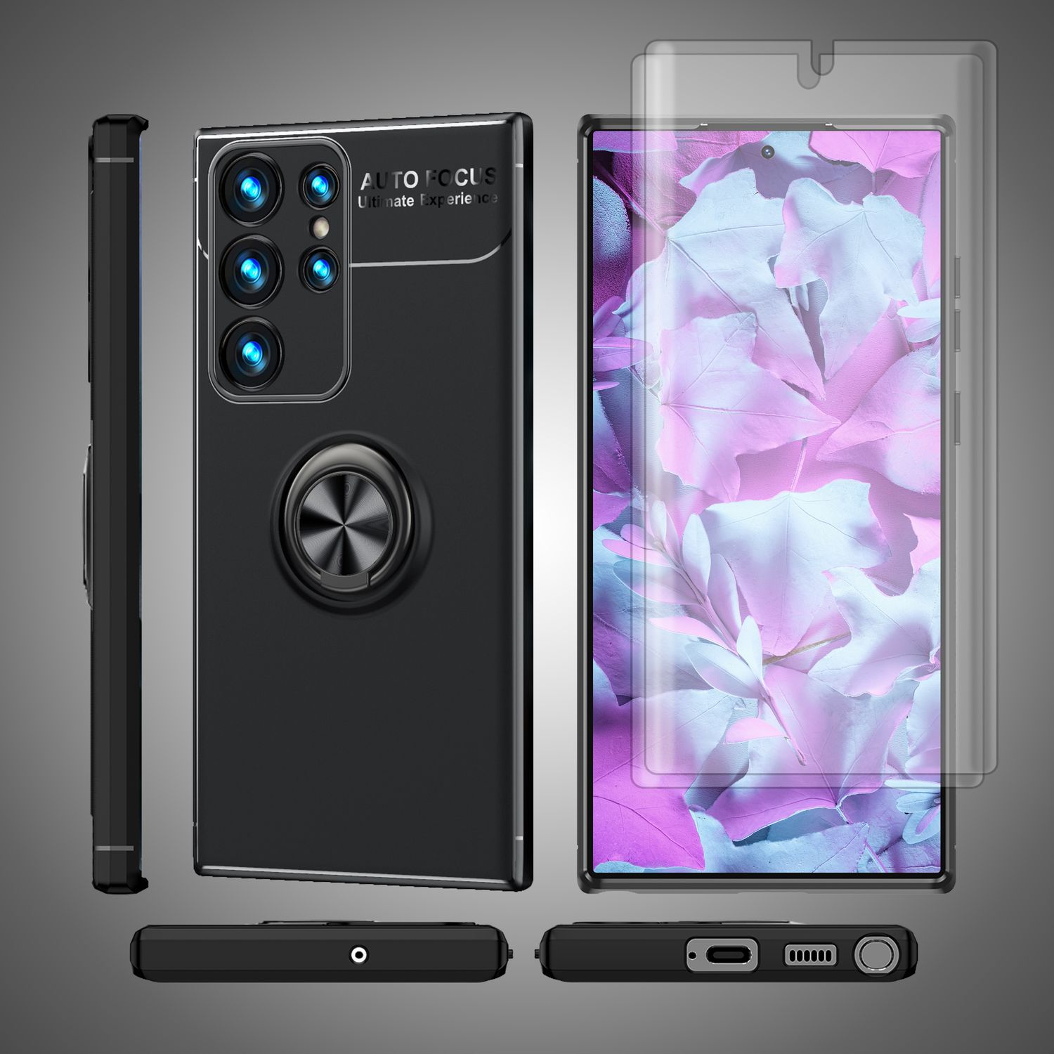 Ring Silikon Hülle für Samsung Galaxy S23 Ultra, 2x Displayschutz Schwarz NALIA Protective Hülle