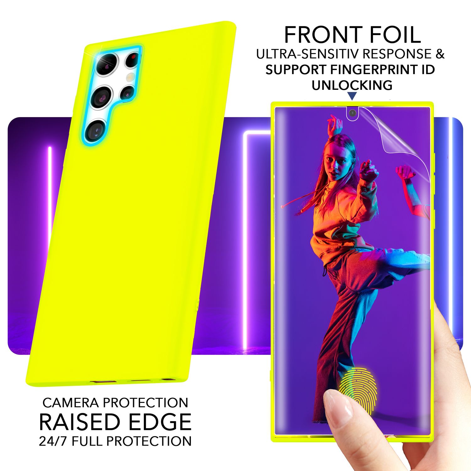Bunte Neon Silikon Hülle für Samsung Galaxy S23 Ultra, 2x Displayschutz