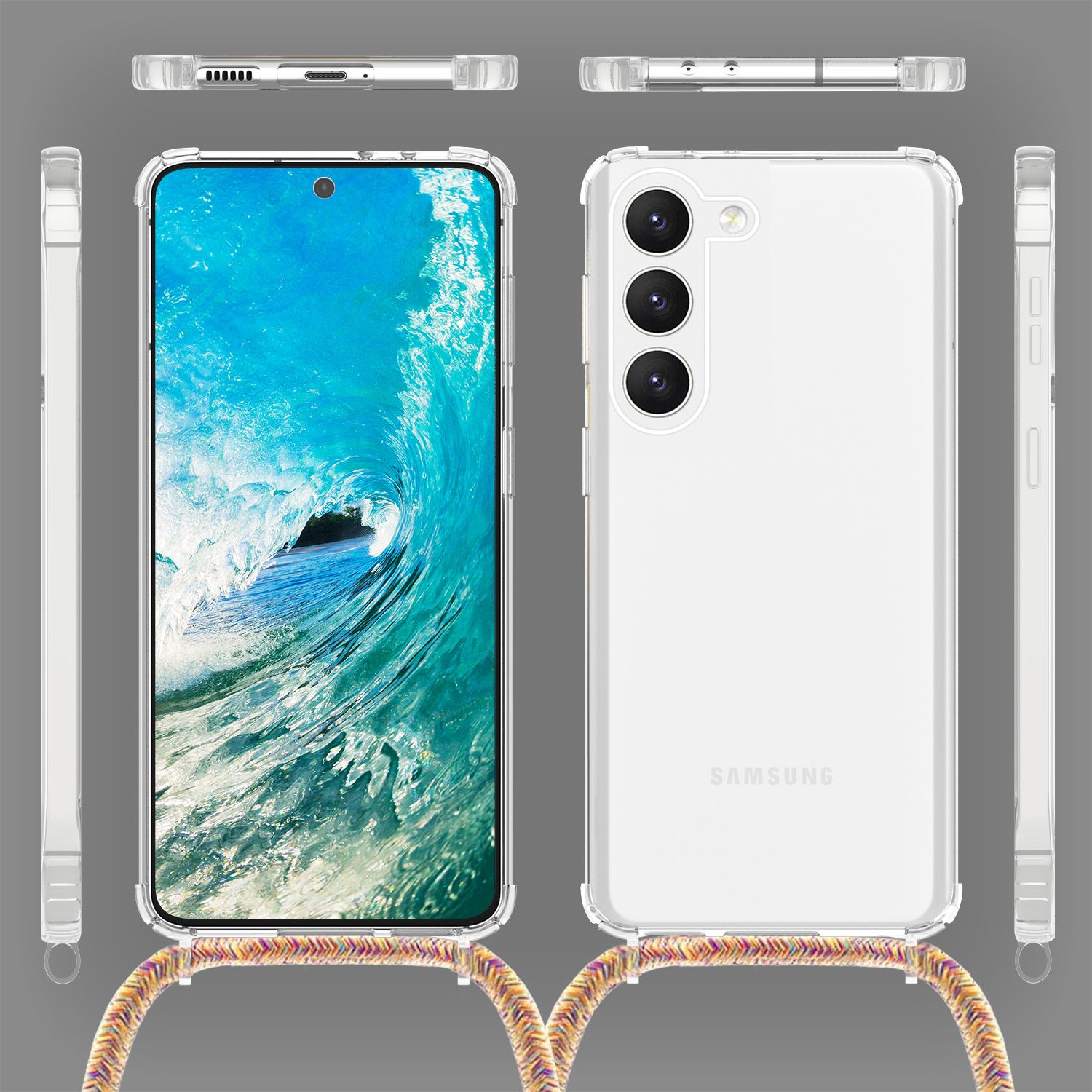 Klare Hybrid Hülle mit Kette zum Umhängen für Samsung Galaxy S23 Regenbogen NALIA Transparente Hülle