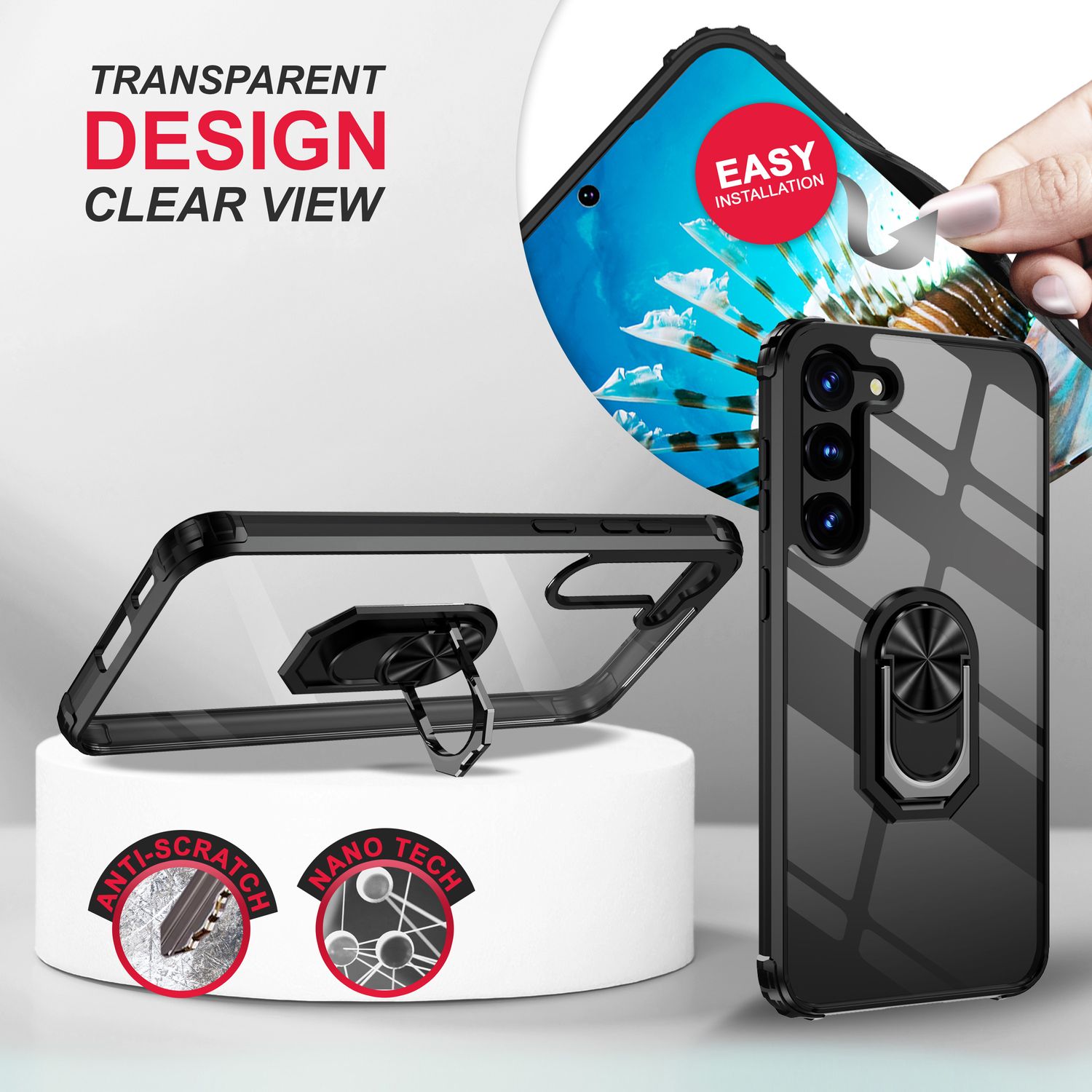 Klare Ring Hülle für Samsung Galaxy S23 Plus, 2x Display & Kameraschutz, Schwarz Default Title NALIA Protective Hülle